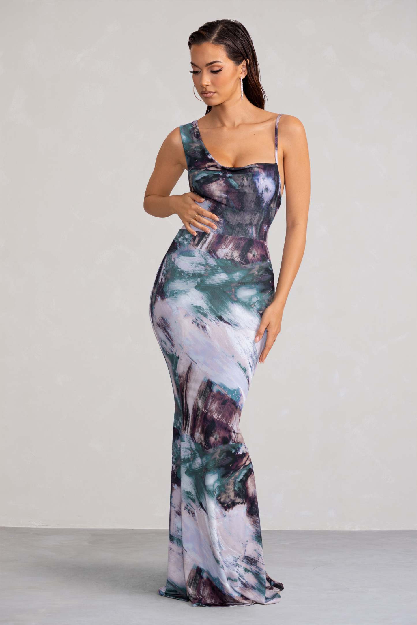 Phantasy Multi Print Asymmetric Neckline Cowl Maxi Dress-Fashionmomo.All Rights Reserved