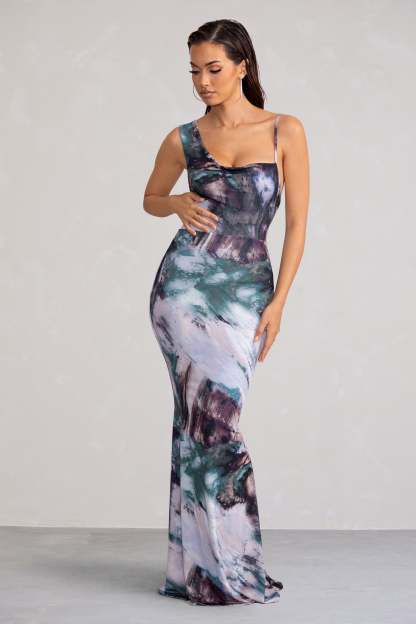 Phantasy Multi Print Asymmetric Neckline Cowl Maxi Dress-Fashionmomo.All Rights Reserved