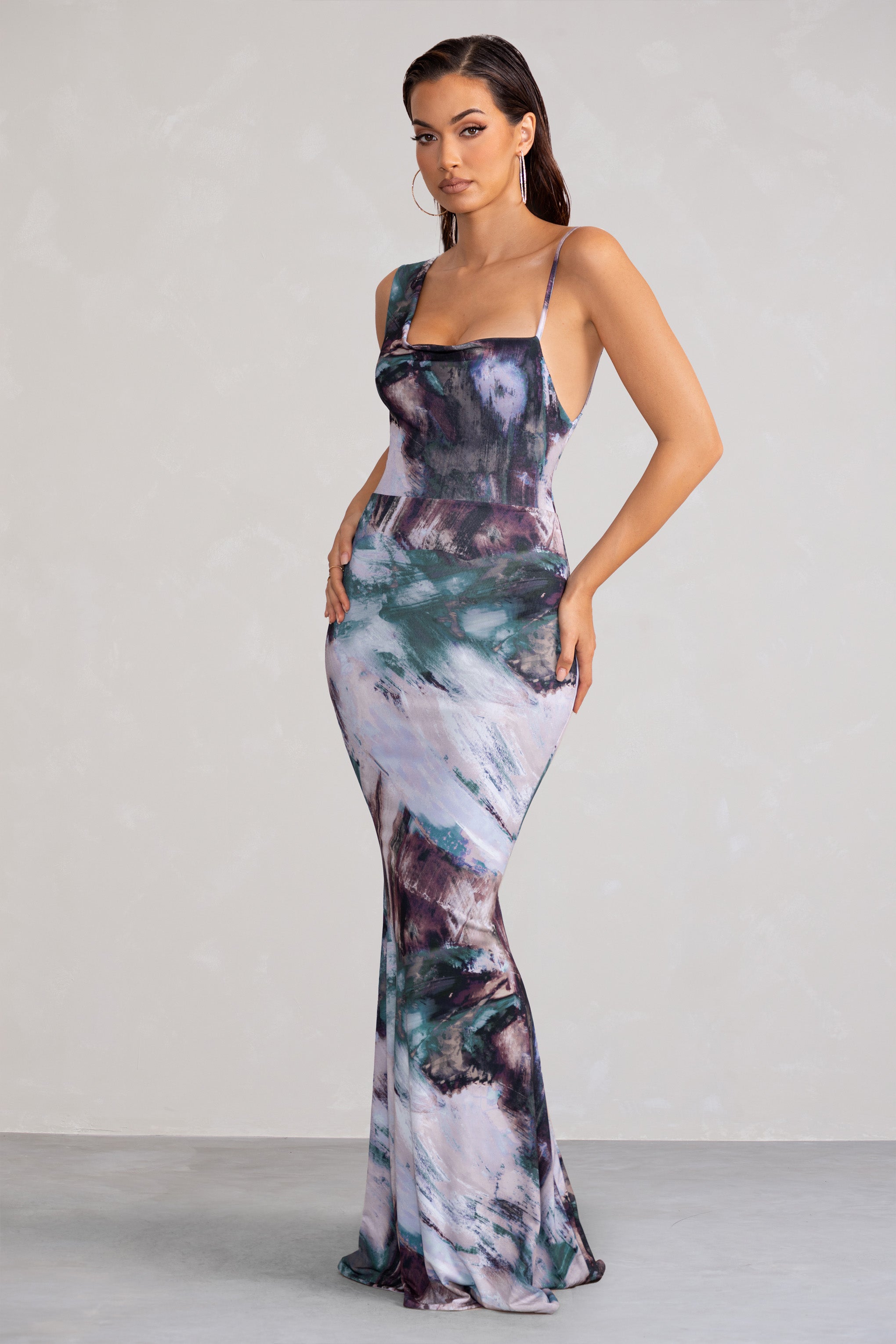 Phantasy Multi Print Asymmetric Neckline Cowl Maxi Dress-Fashionmomo.All Rights Reserved