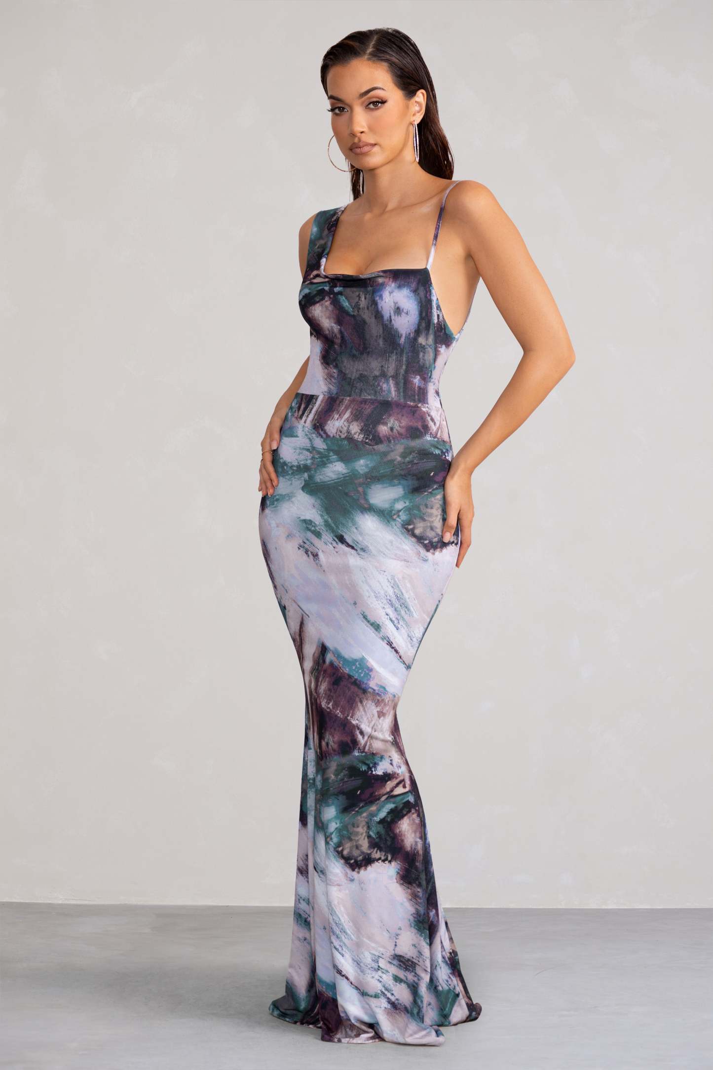 Phantasy Multi Print Asymmetric Neckline Cowl Maxi Dress-Fashionmomo.All Rights Reserved