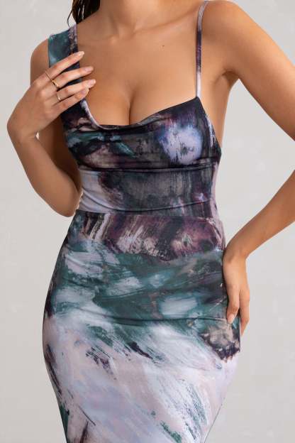 Phantasy Multi Print Asymmetric Neckline Cowl Maxi Dress-Fashionmomo.All Rights Reserved
