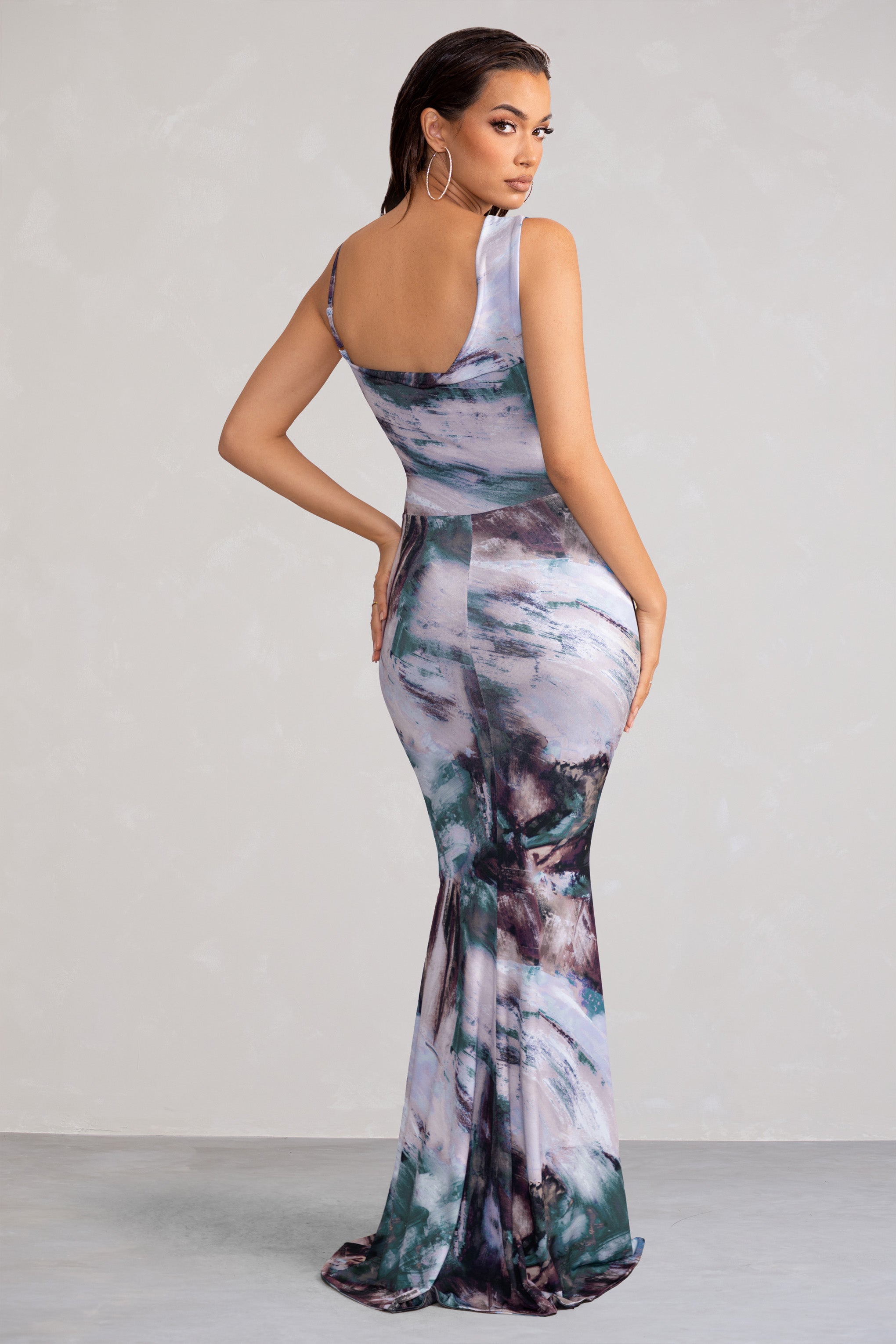 Phantasy Multi Print Asymmetric Neckline Cowl Maxi Dress-Fashionmomo.All Rights Reserved