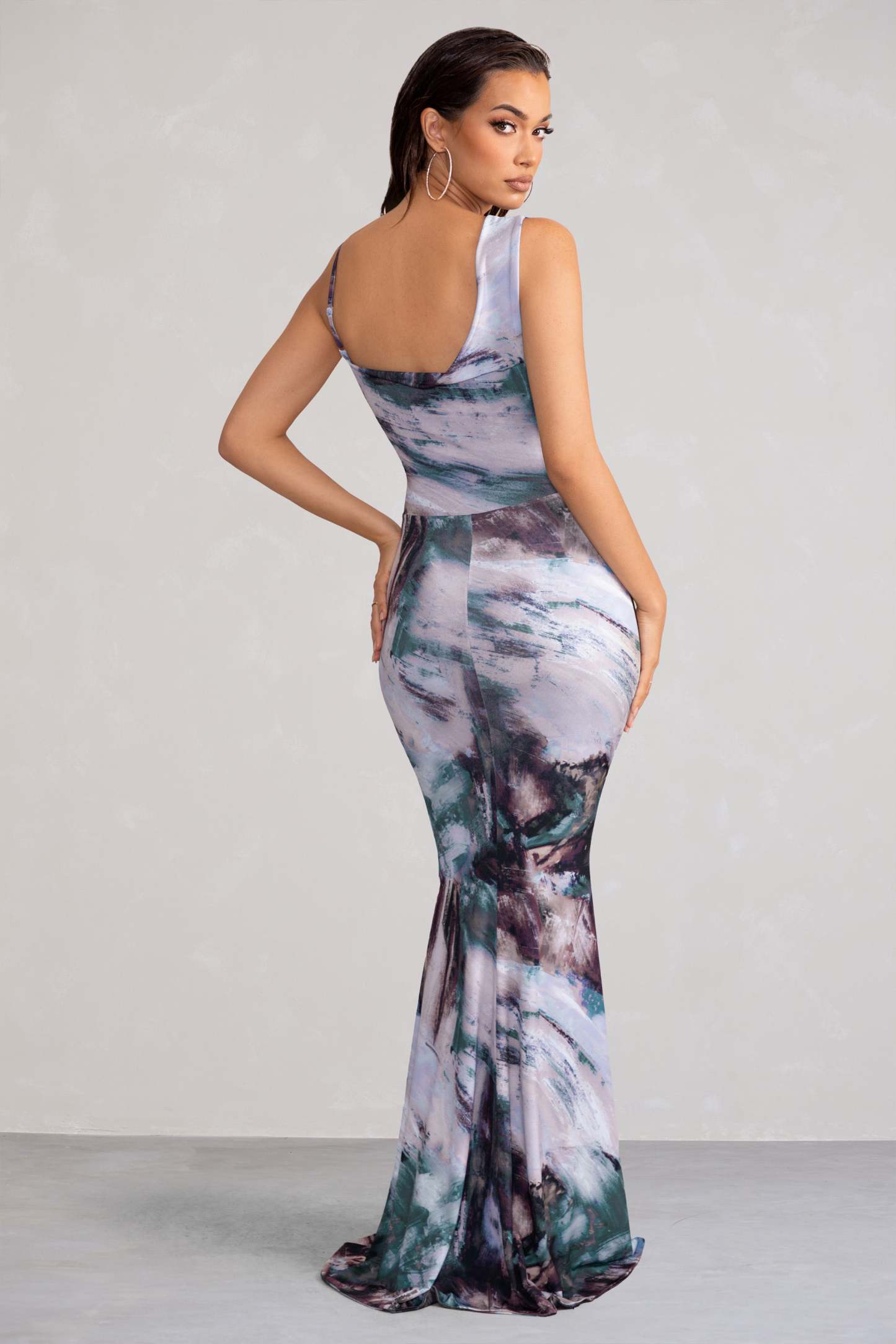 Phantasy Multi Print Asymmetric Neckline Cowl Maxi Dress-Fashionmomo.All Rights Reserved
