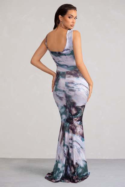 Phantasy Multi Print Asymmetric Neckline Cowl Maxi Dress-Fashionmomo.All Rights Reserved