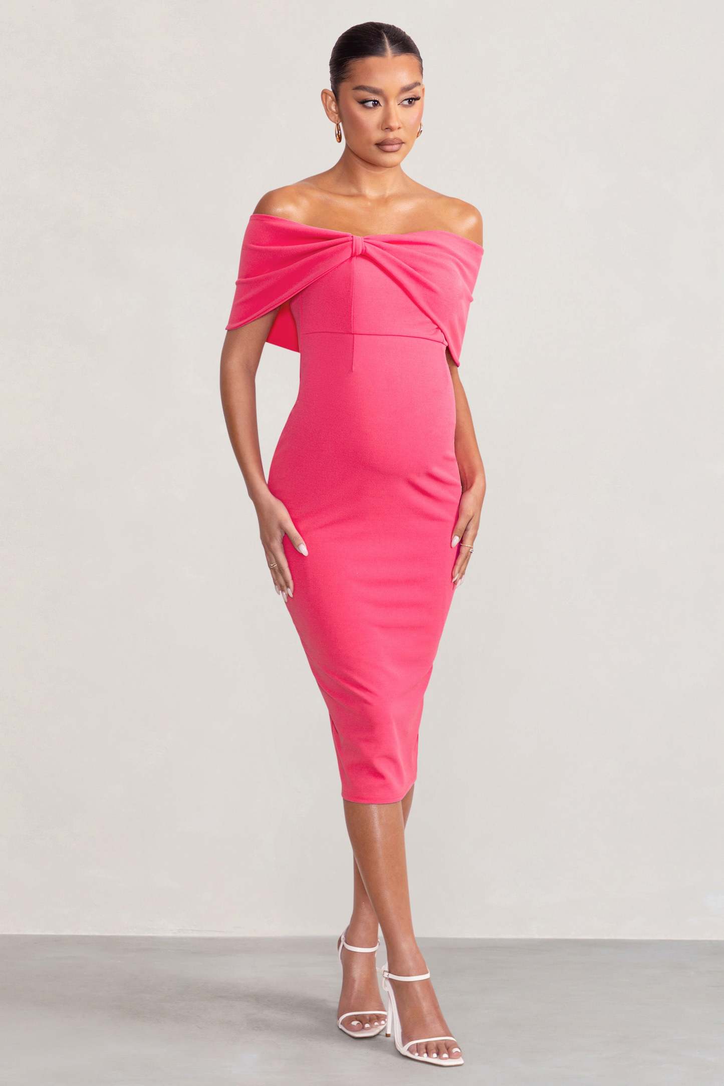 Alyssa Hot Pink Bardot Bow Maternity Midi Dress with Ruching-Fashionmomo.All Rights Reserved