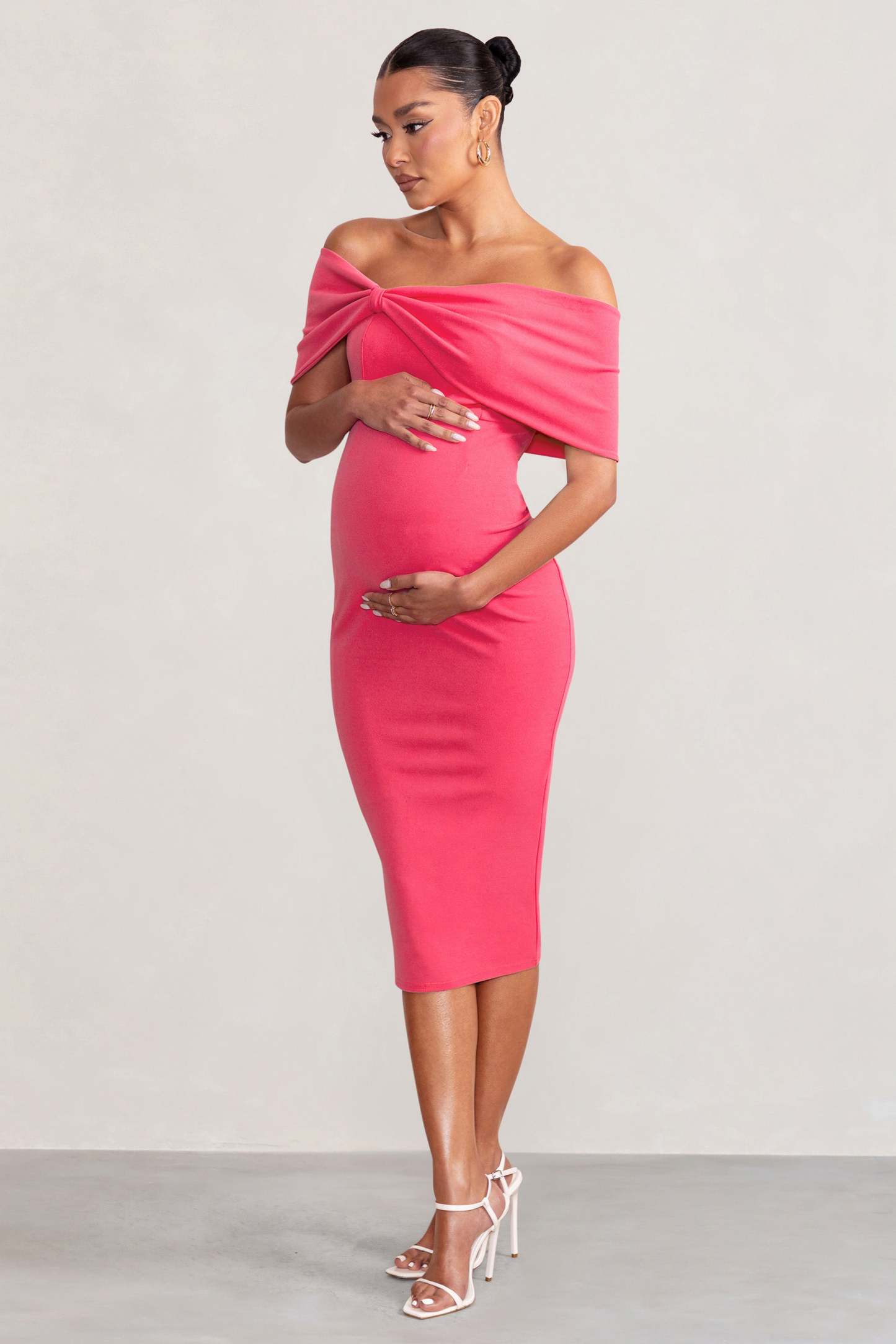 Alyssa Hot Pink Bardot Bow Maternity Midi Dress with Ruching-Fashionmomo.All Rights Reserved