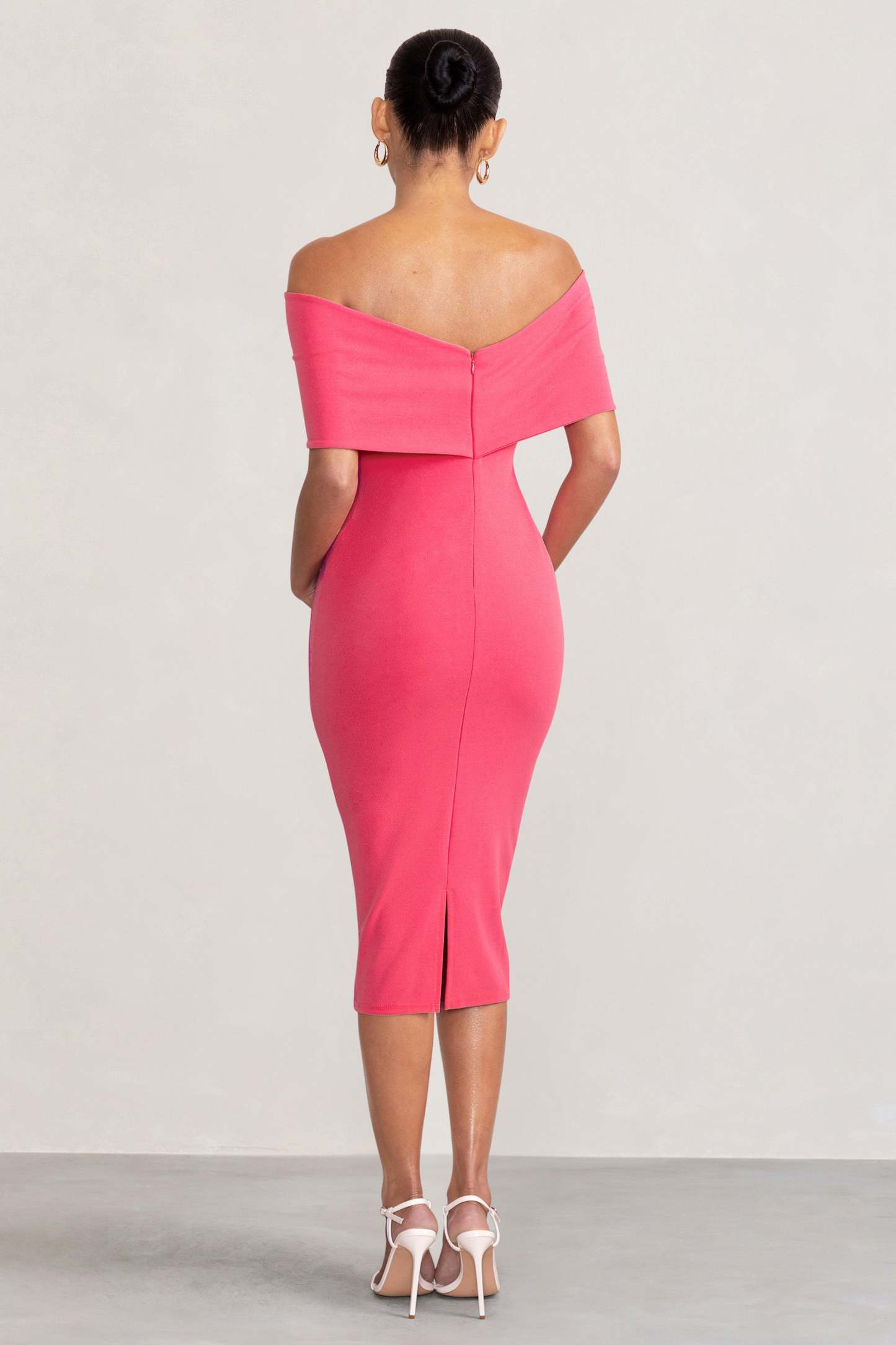 Alyssa Hot Pink Bardot Bow Maternity Midi Dress with Ruching-Fashionmomo.All Rights Reserved