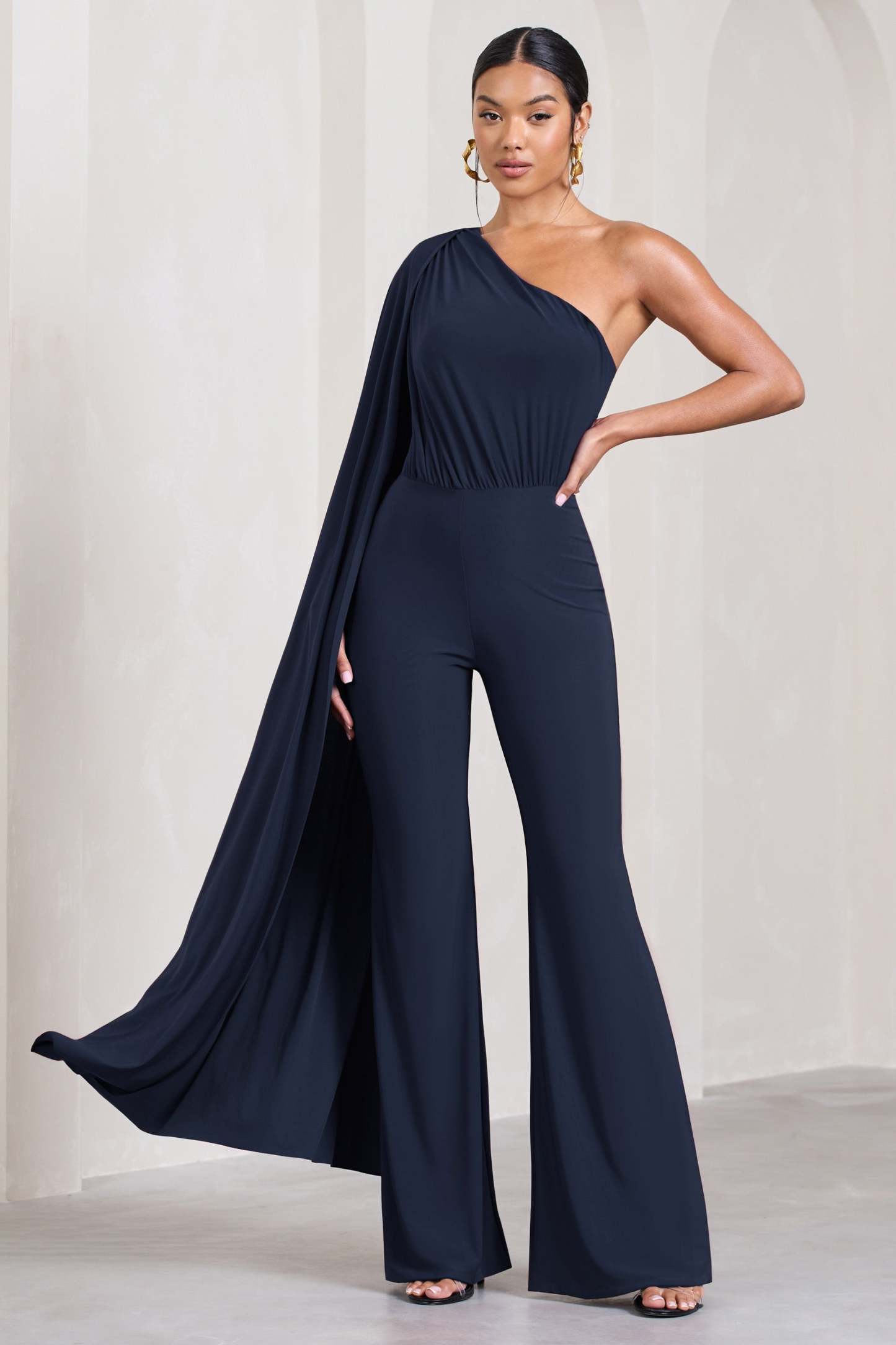 Aurora Navy One Shoulder Cape Sleeve Jumpsuit-Fashionmomo.All Rights Reserved