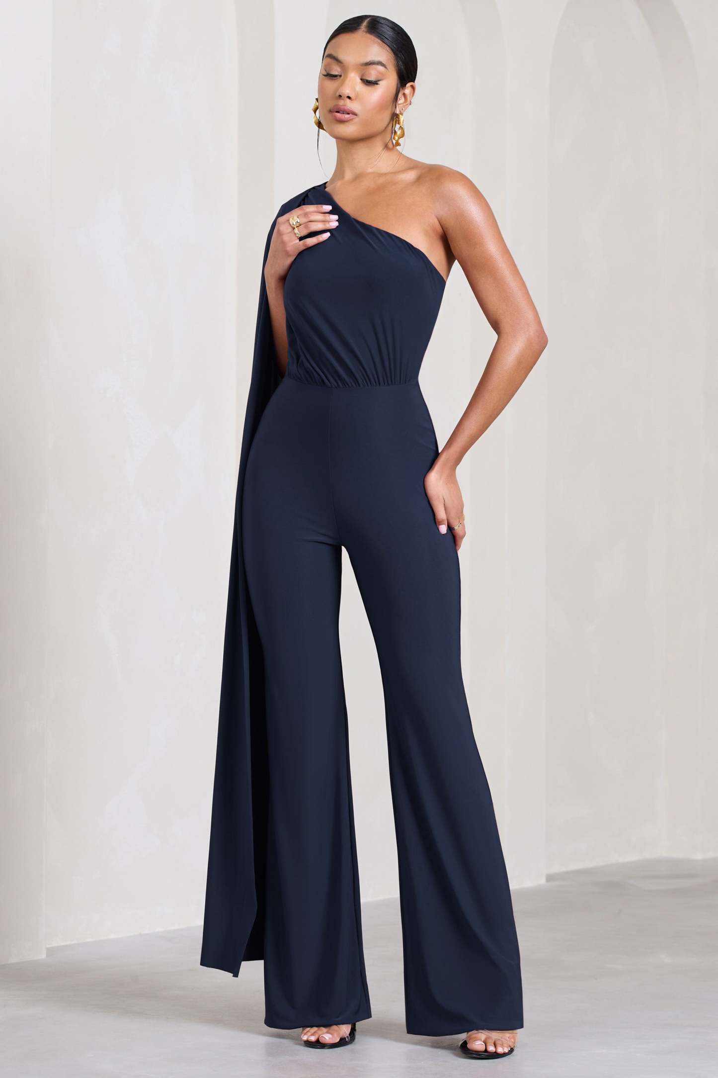 Aurora Navy One Shoulder Cape Sleeve Jumpsuit-Fashionmomo.All Rights Reserved