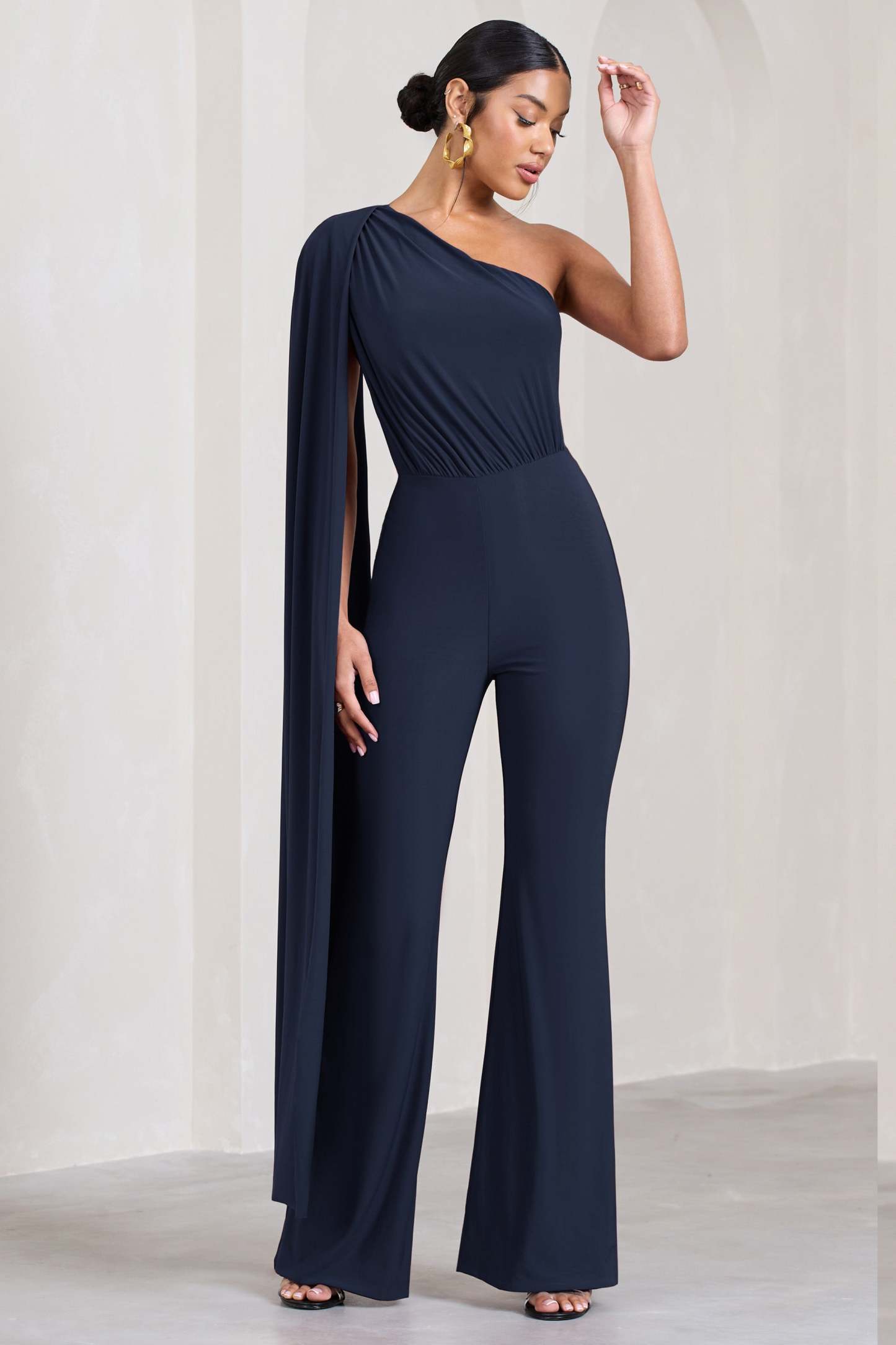 Aurora Navy One Shoulder Cape Sleeve Jumpsuit-Fashionmomo.All Rights Reserved