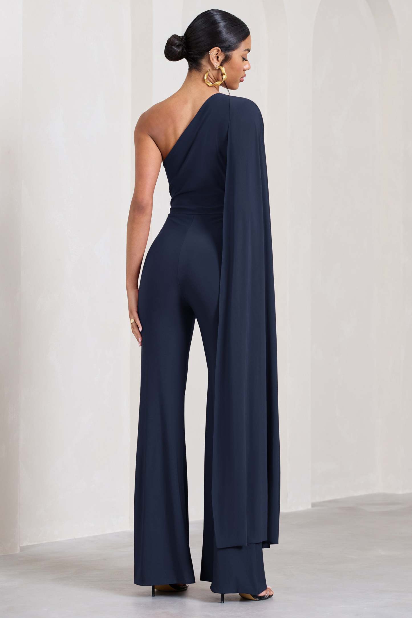 Aurora Navy One Shoulder Cape Sleeve Jumpsuit-Fashionmomo.All Rights Reserved