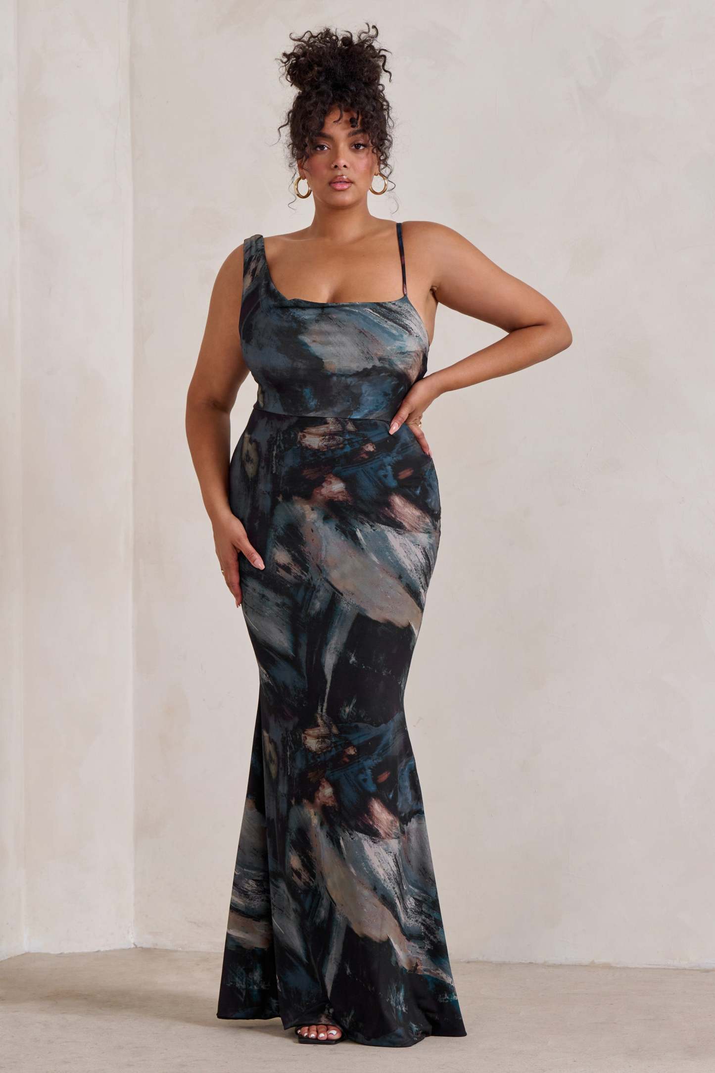 Phantasy Black Abstract Print Asymmetric Neckline Cowl Maxi Dress-Fashionmomo.All Rights Reserved