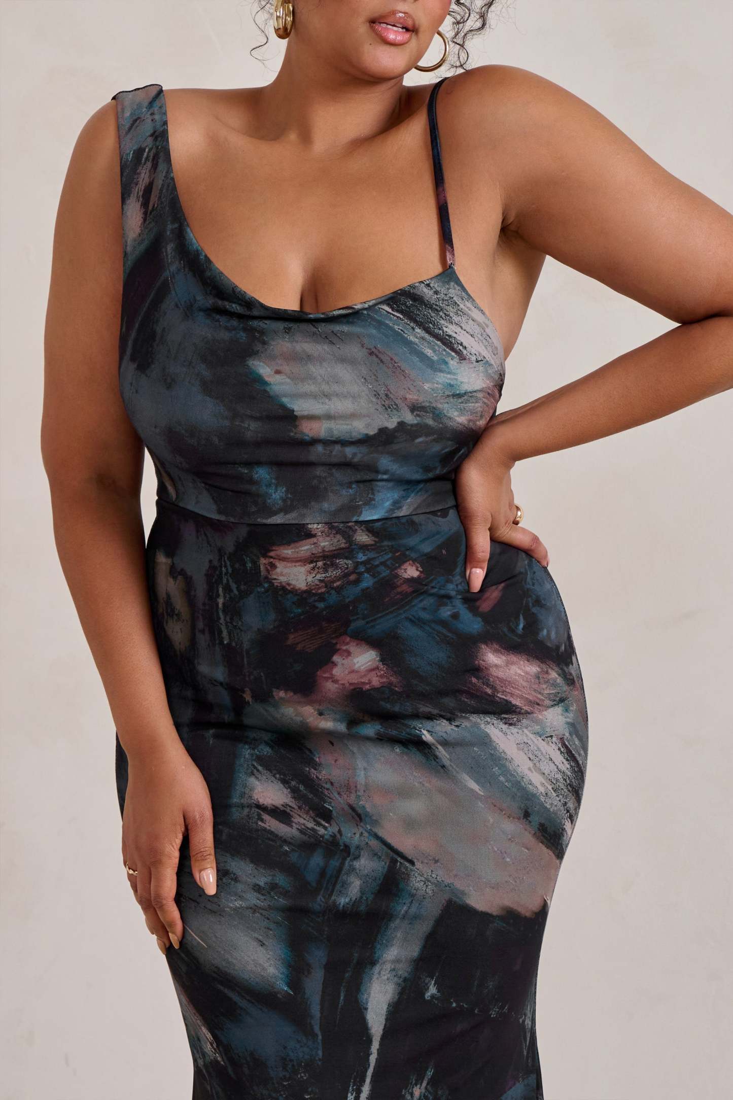 Phantasy Black Abstract Print Asymmetric Neckline Cowl Maxi Dress-Fashionmomo.All Rights Reserved