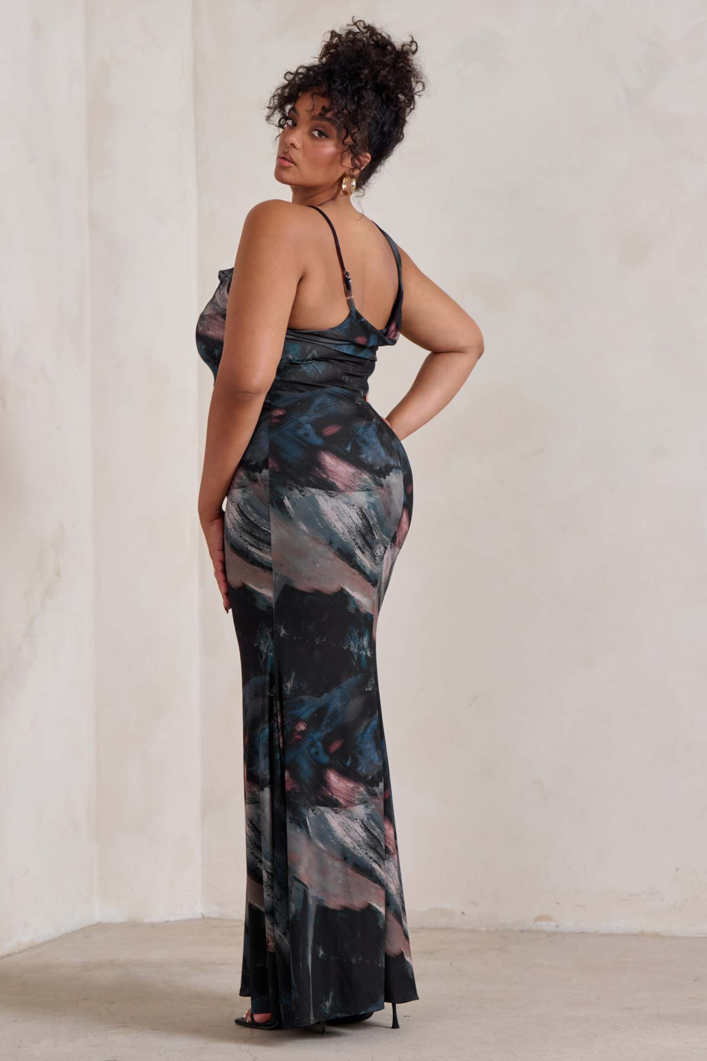 Phantasy Black Abstract Print Asymmetric Neckline Cowl Maxi Dress-Fashionmomo.All Rights Reserved