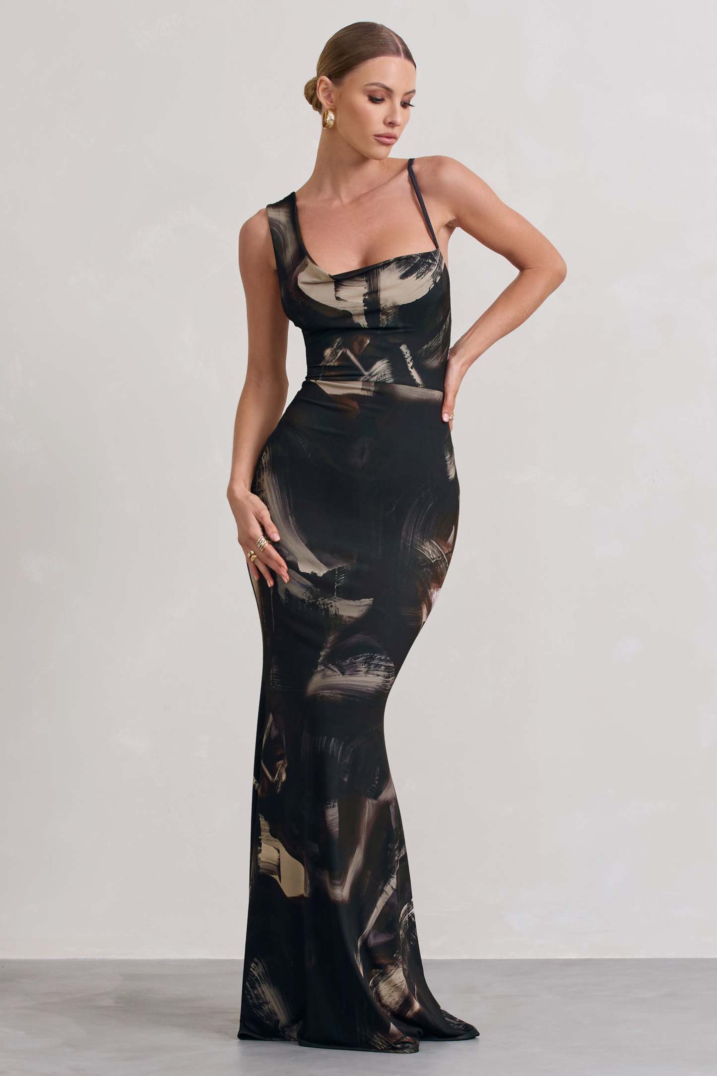 Phantasy Dark Brown Print Asymmetric Neckline Cowl Maxi Dress-Fashionmomo.All Rights Reserved