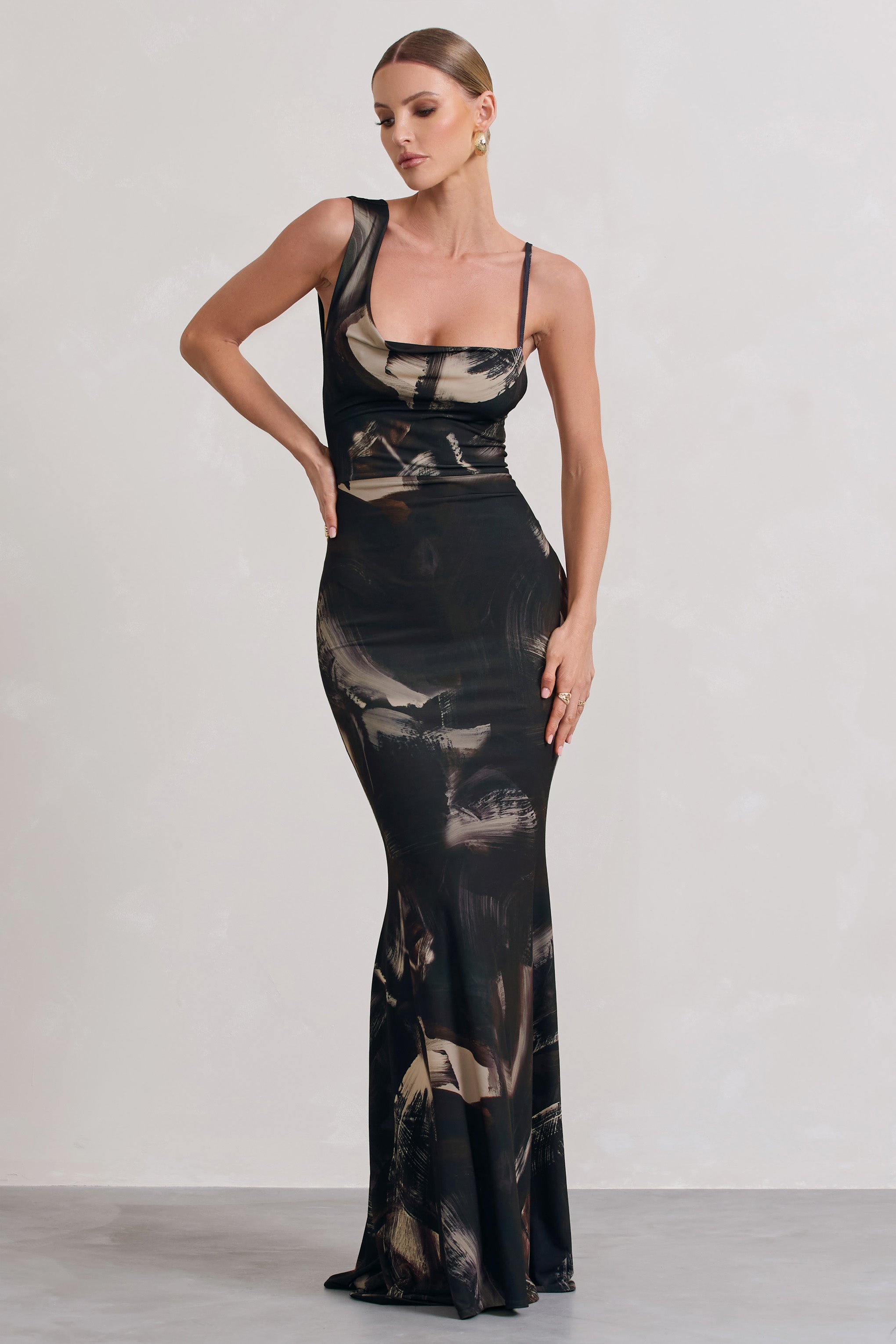 Phantasy Dark Brown Print Asymmetric Neckline Cowl Maxi Dress-Fashionmomo.All Rights Reserved