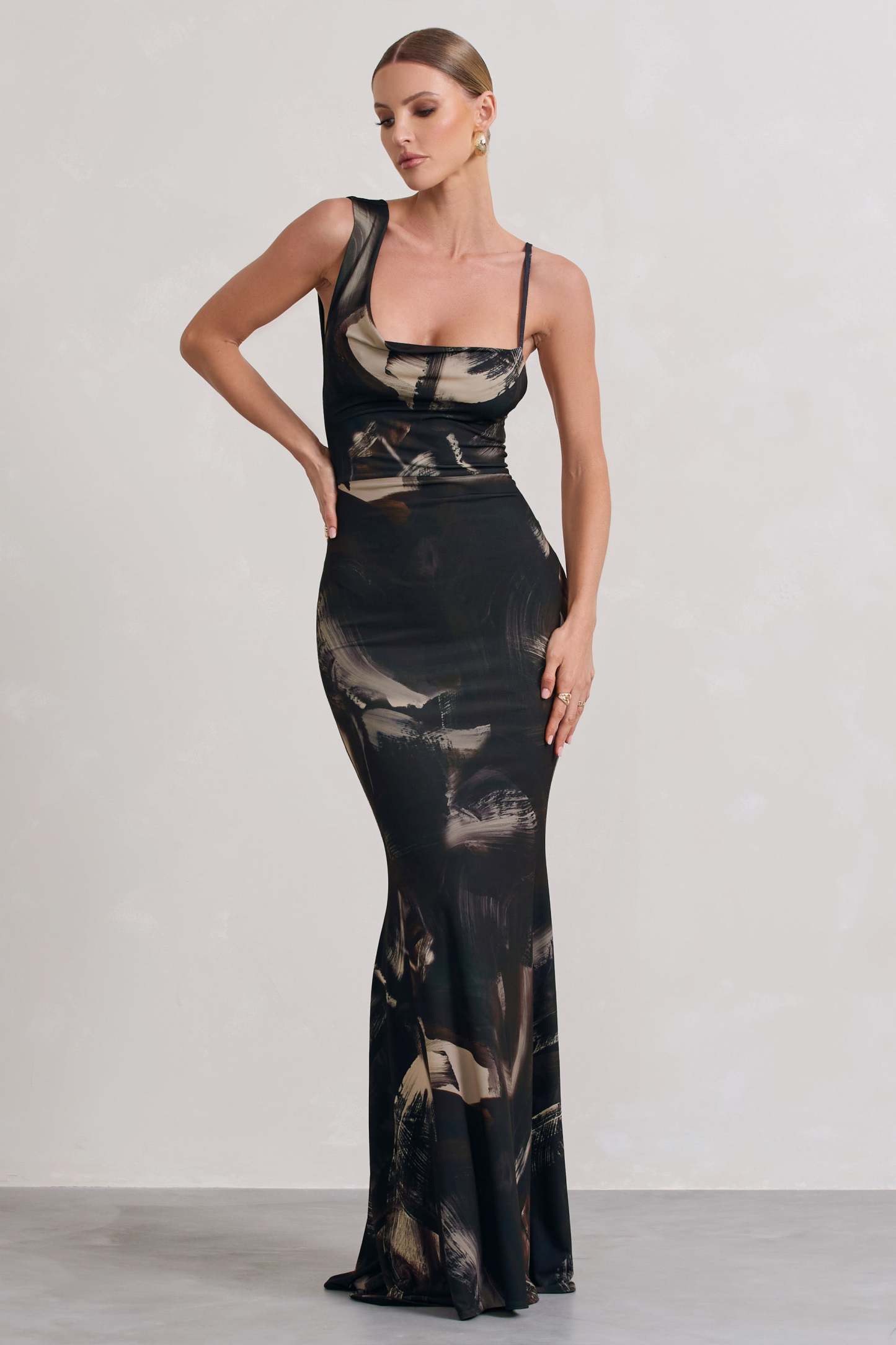 Phantasy Dark Brown Print Asymmetric Neckline Cowl Maxi Dress-Fashionmomo.All Rights Reserved