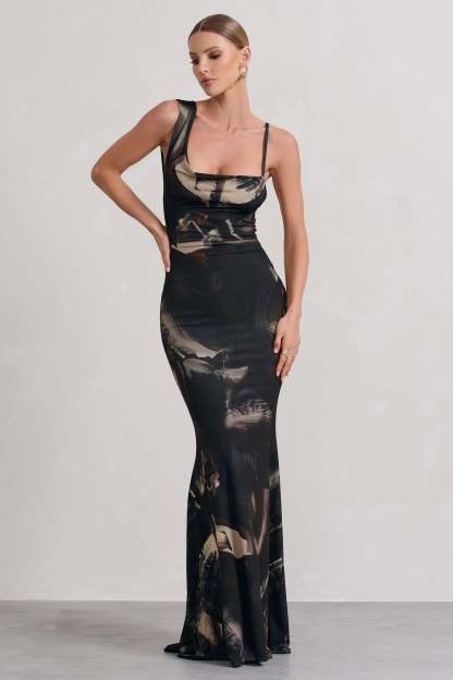 Phantasy Dark Brown Print Asymmetric Neckline Cowl Maxi Dress-Fashionmomo.All Rights Reserved