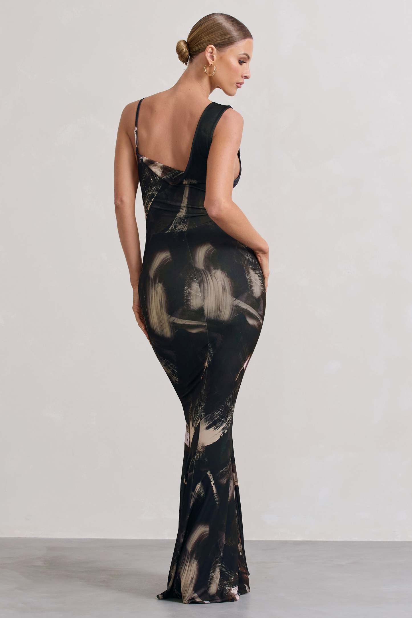 Phantasy Dark Brown Print Asymmetric Neckline Cowl Maxi Dress-Fashionmomo.All Rights Reserved