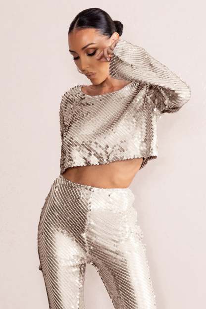Aperitif Silver Sequin Top With Keyhole Fastening-Fashionmomo.All Rights Reserved