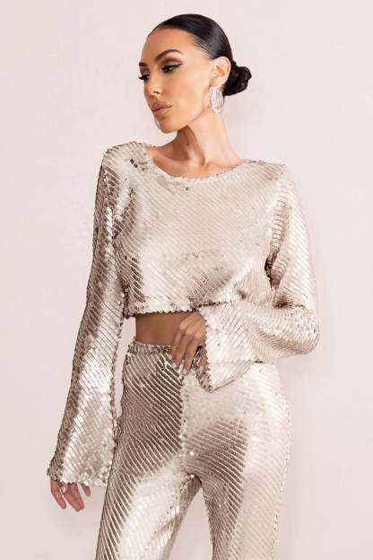 Aperitif Silver Sequin Top With Keyhole Fastening-Fashionmomo.All Rights Reserved