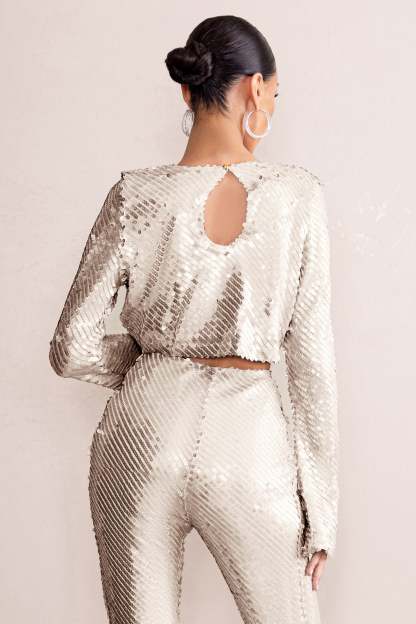 Aperitif Silver Sequin Top With Keyhole Fastening-Fashionmomo.All Rights Reserved