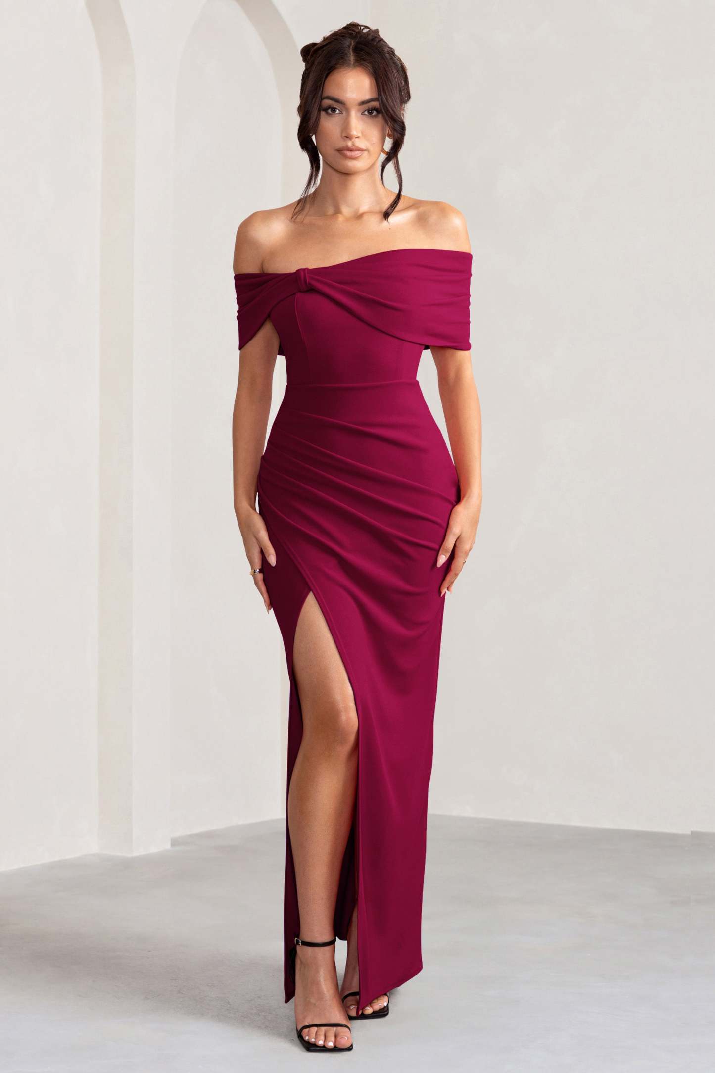 Eva Burgundy Bardot Bow Detail Maxi Dress With Thigh Split-Fashionmomo.All Rights Reserved