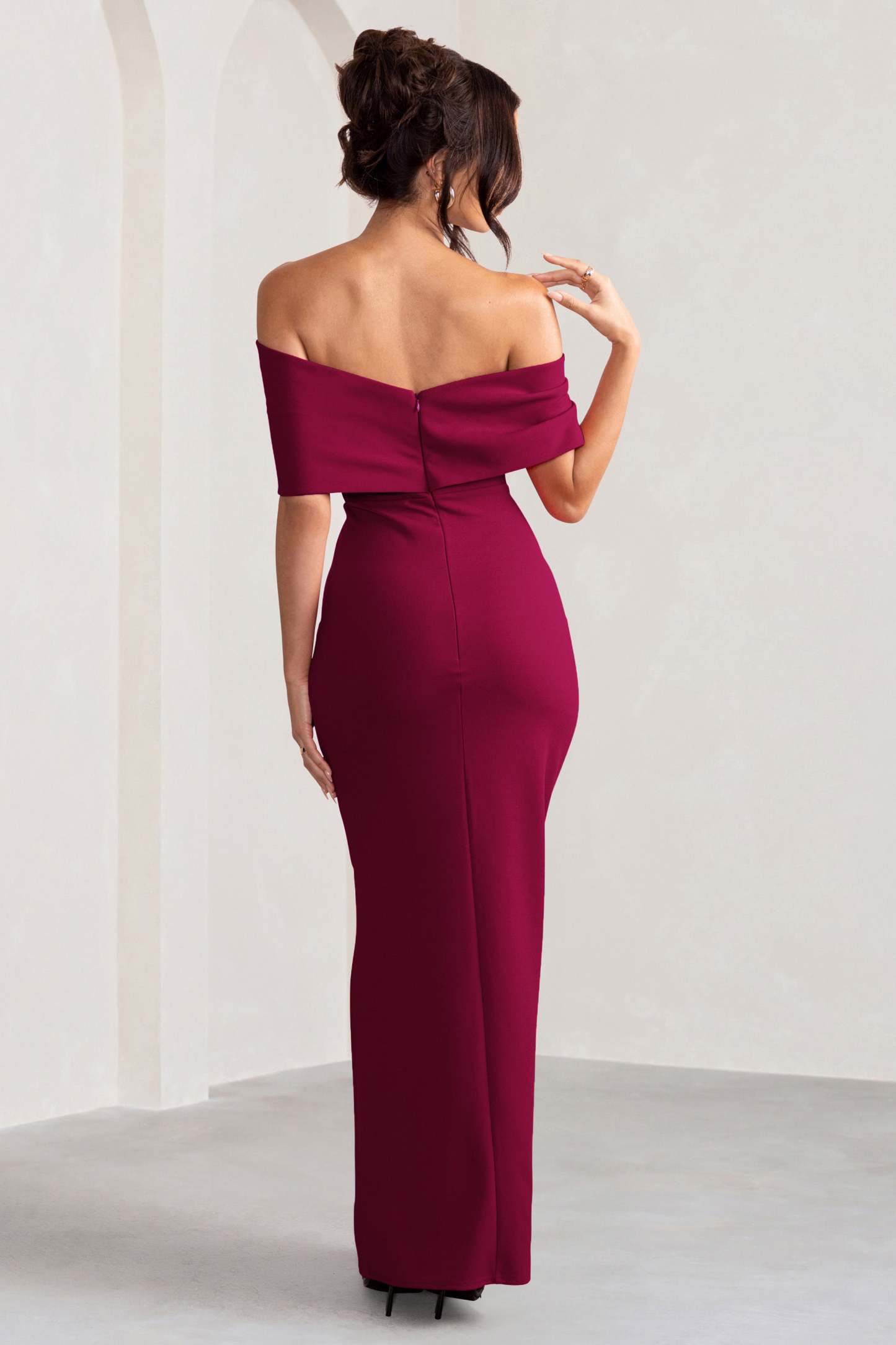 Eva Burgundy Bardot Bow Detail Maxi Dress With Thigh Split-Fashionmomo.All Rights Reserved