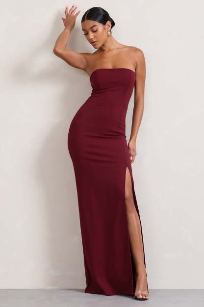 Belle of The Ball Berry Bandeau Maxi Dress With Split Hem-Fashionmomo.All Rights Reserved