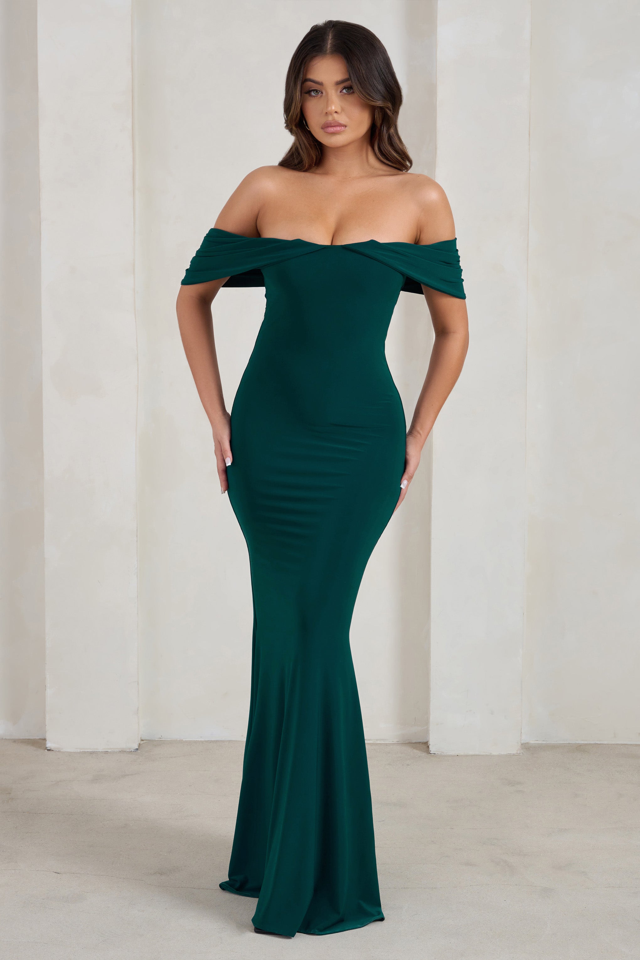 Gabrielle Green Bardot Neckline With Drape Sleeves Maxi Dress-Fashionmomo.All Rights Reserved