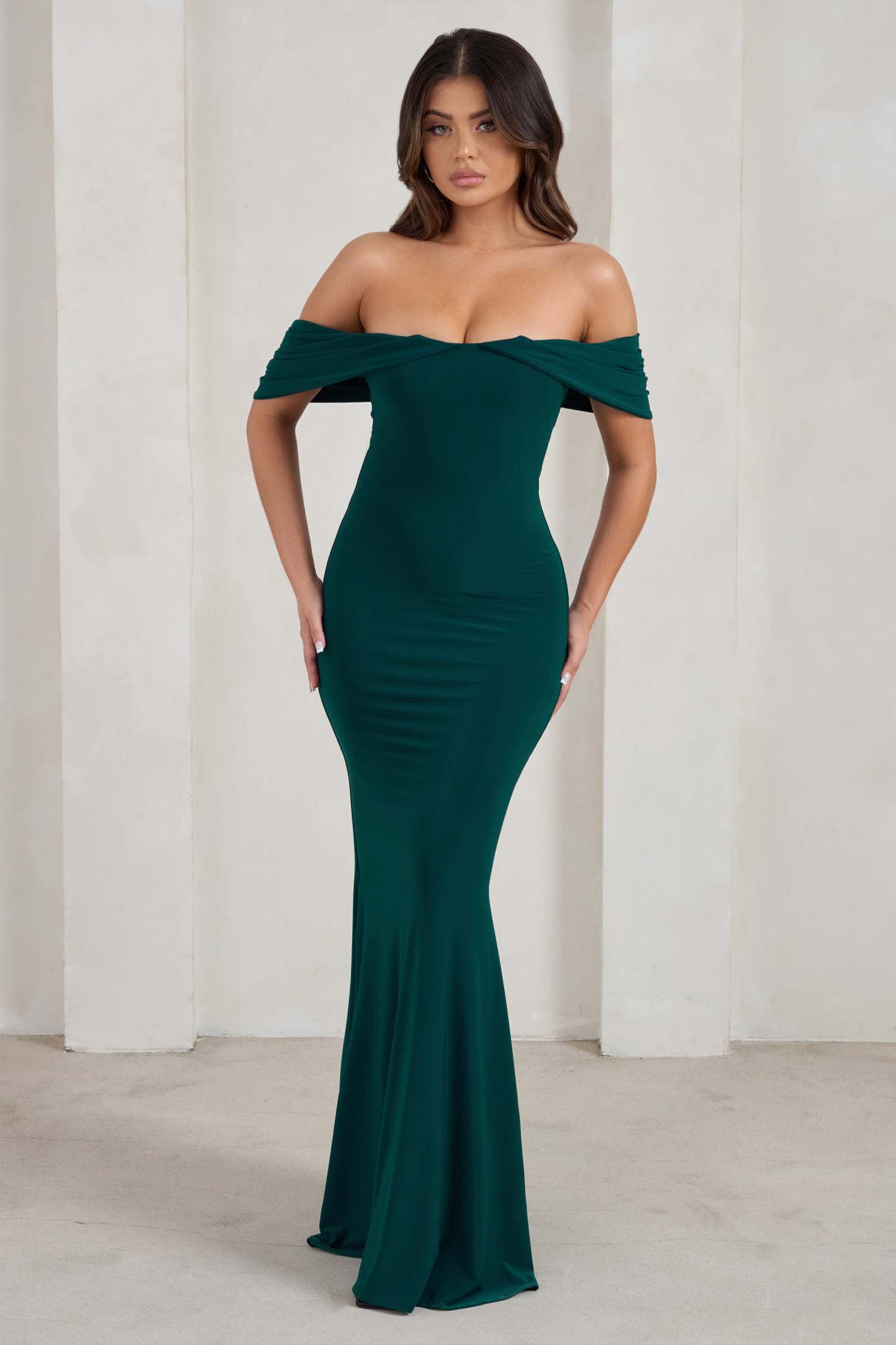Gabrielle Green Bardot Neckline With Drape Sleeves Maxi Dress-Fashionmomo.All Rights Reserved
