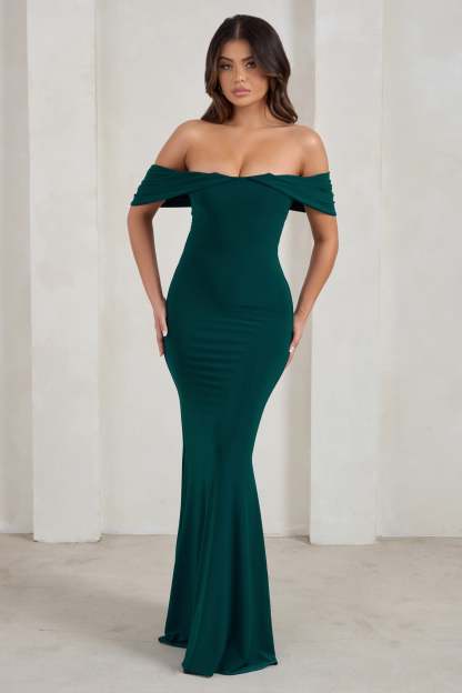 Gabrielle Green Bardot Neckline With Drape Sleeves Maxi Dress-Fashionmomo.All Rights Reserved