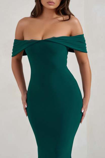Gabrielle Green Bardot Neckline With Drape Sleeves Maxi Dress-Fashionmomo.All Rights Reserved