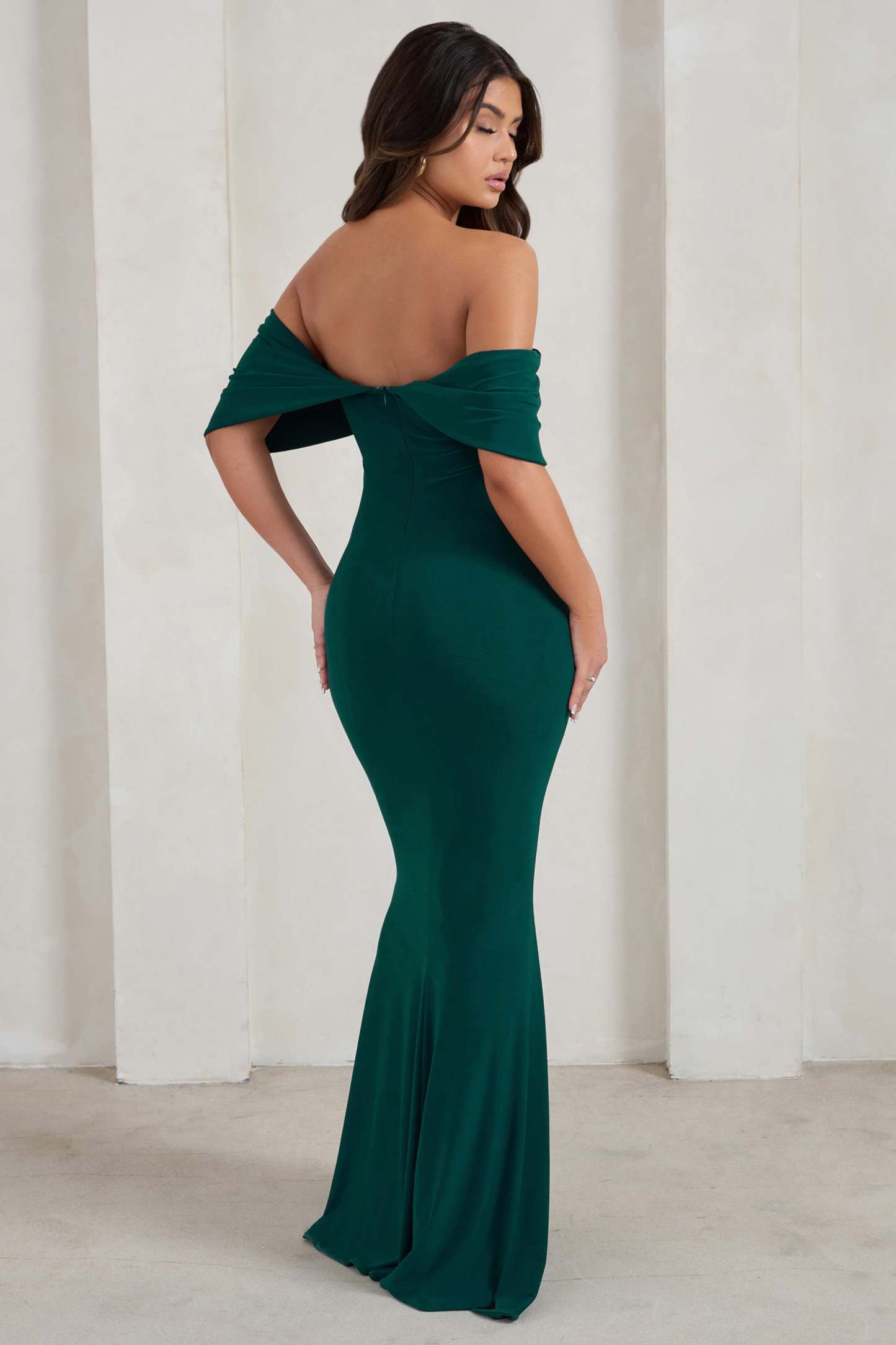 Gabrielle Green Bardot Neckline With Drape Sleeves Maxi Dress-Fashionmomo.All Rights Reserved