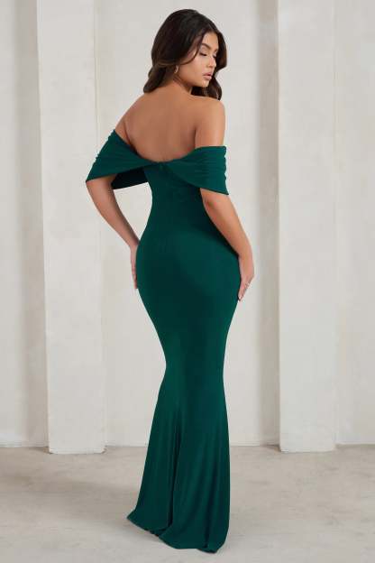 Gabrielle Green Bardot Neckline With Drape Sleeves Maxi Dress-Fashionmomo.All Rights Reserved