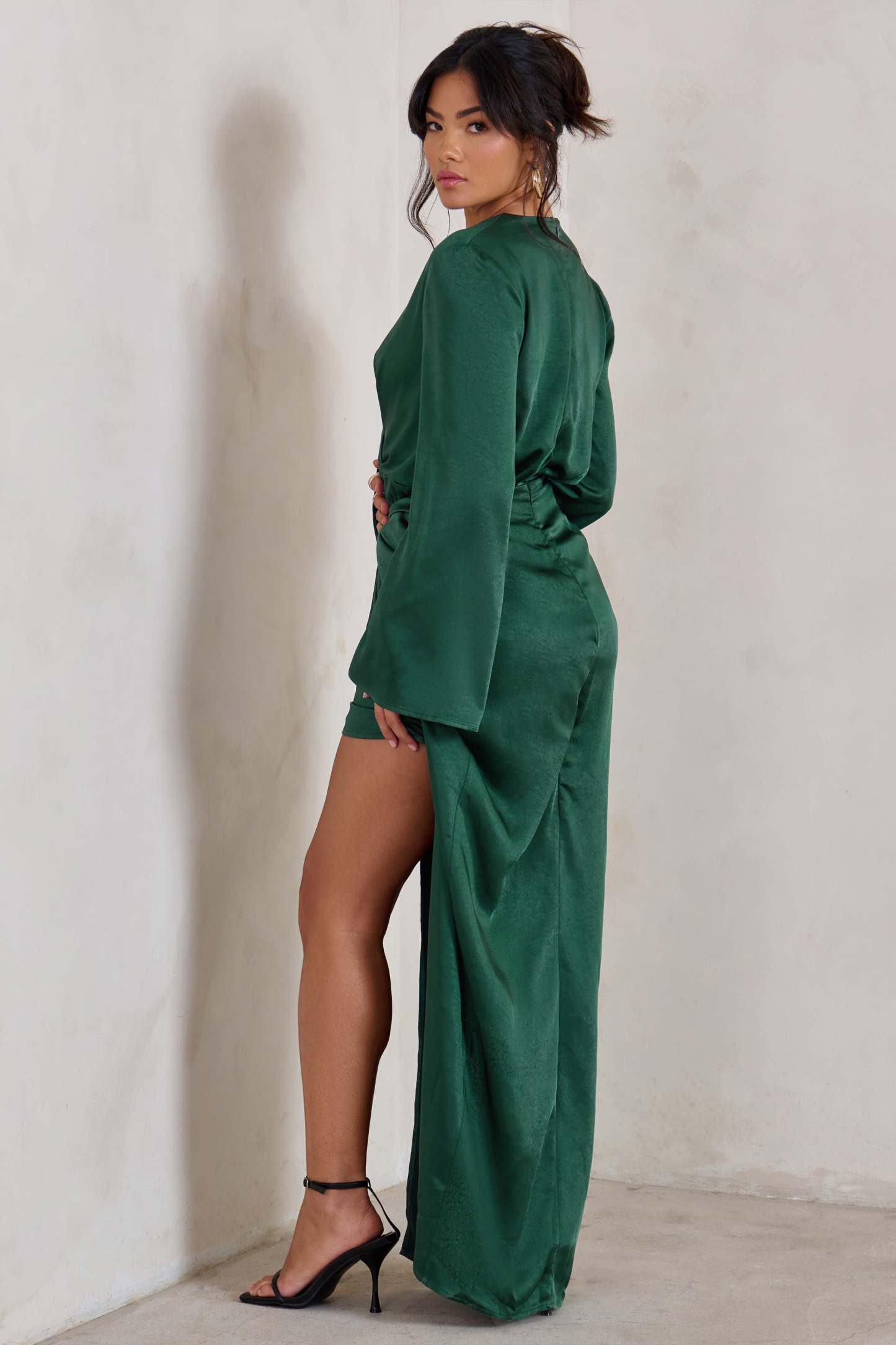 Patricia Green Extreme Plunge Long Sleeve Maxi Dress With Tie Detail-Fashionmomo.All Rights Reserved