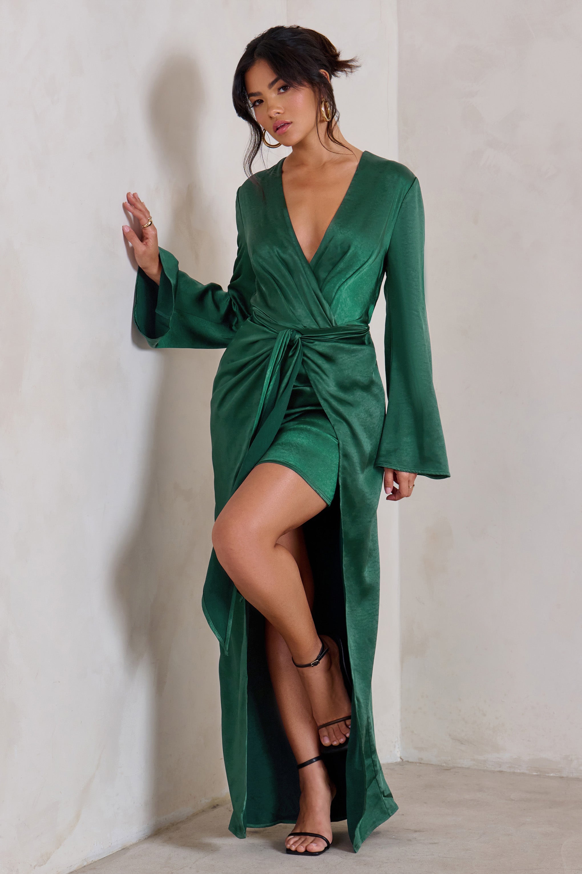Patricia Green Extreme Plunge Long Sleeve Maxi Dress With Tie Detail-Fashionmomo.All Rights Reserved