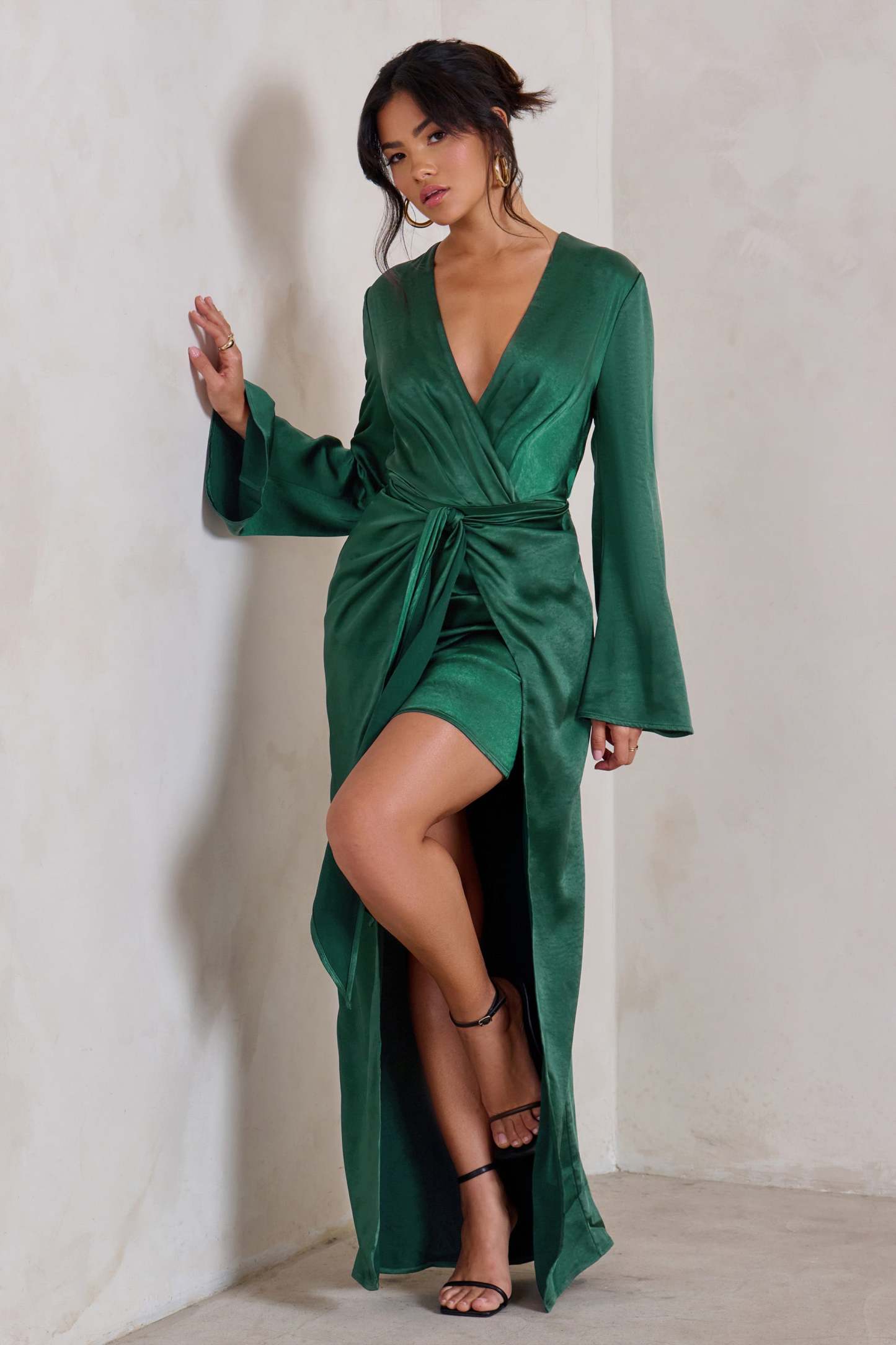 Patricia Green Extreme Plunge Long Sleeve Maxi Dress With Tie Detail-Fashionmomo.All Rights Reserved