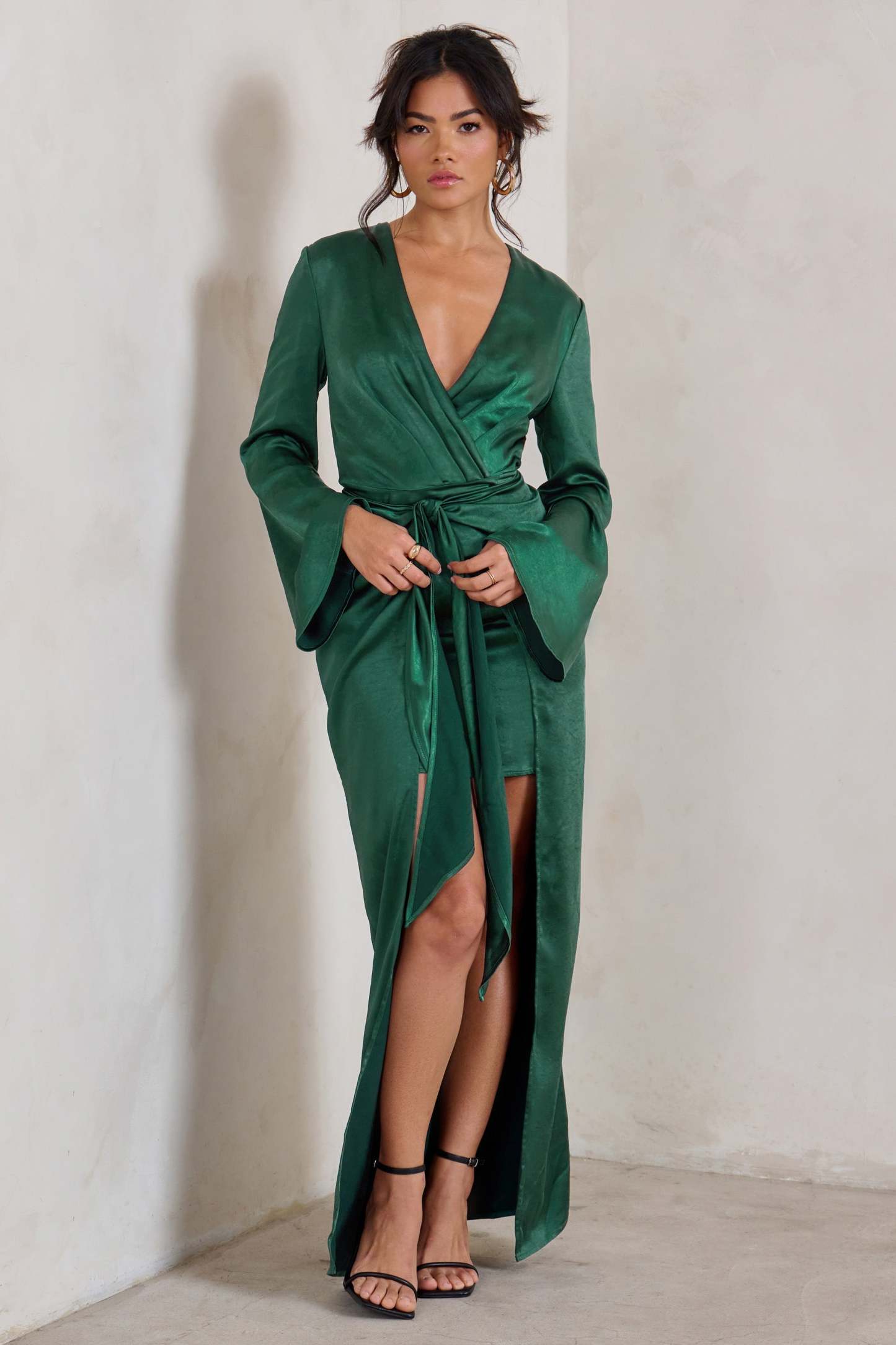 Patricia Green Extreme Plunge Long Sleeve Maxi Dress With Tie Detail-Fashionmomo.All Rights Reserved