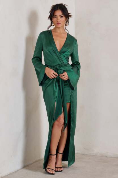 Patricia Green Extreme Plunge Long Sleeve Maxi Dress With Tie Detail-Fashionmomo.All Rights Reserved