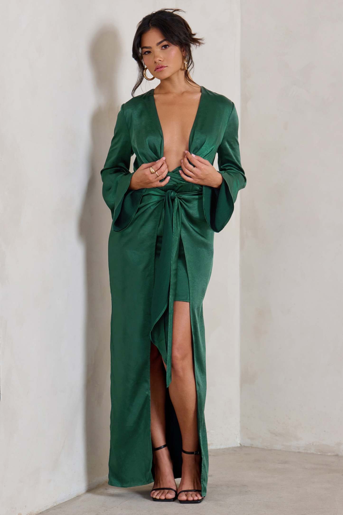 Patricia Green Extreme Plunge Long Sleeve Maxi Dress With Tie Detail-Fashionmomo.All Rights Reserved