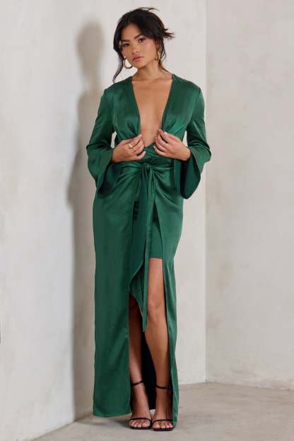 Patricia Green Extreme Plunge Long Sleeve Maxi Dress With Tie Detail-Fashionmomo.All Rights Reserved