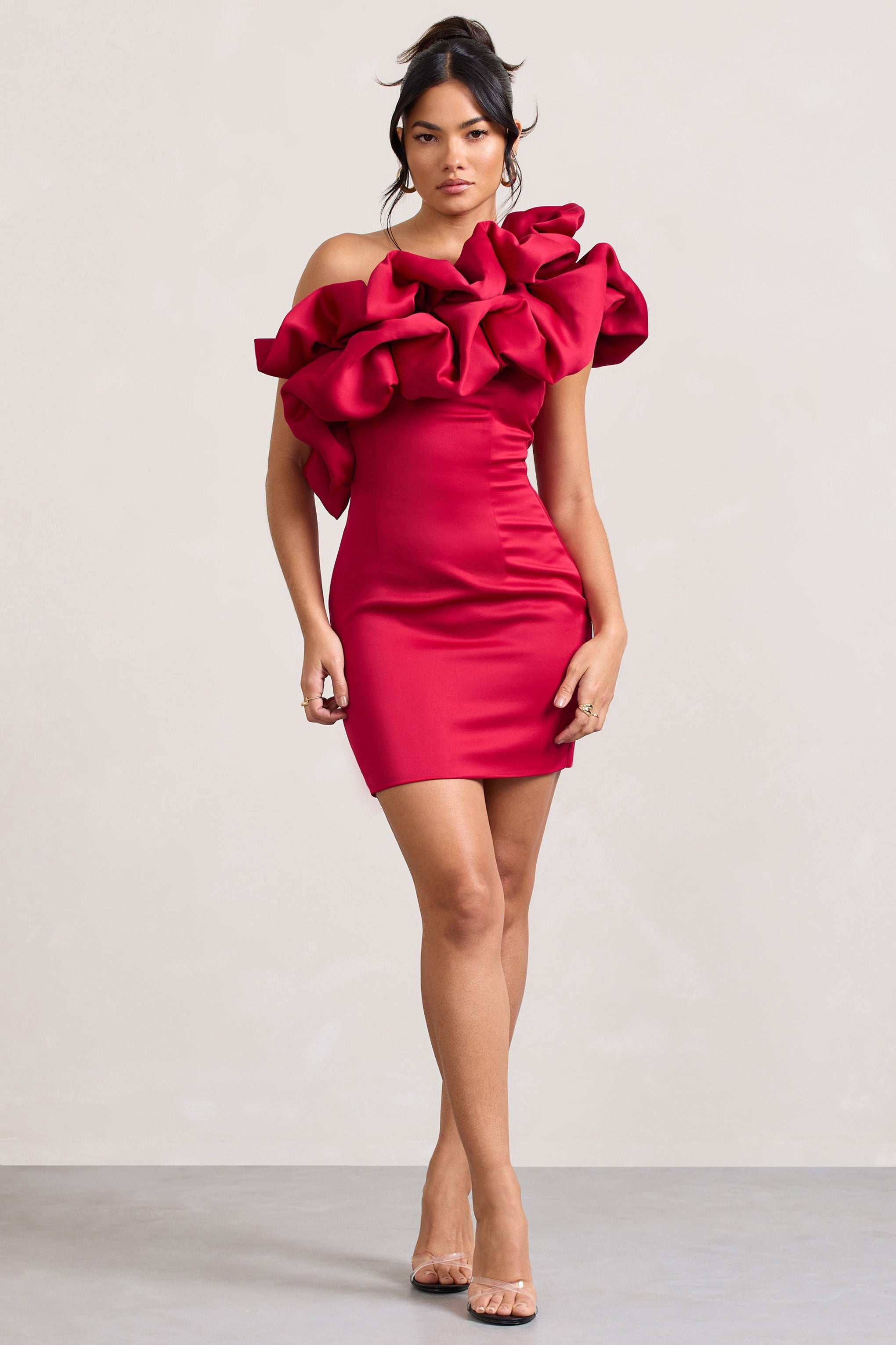 At The Opera Red Satin One Shoulder Ruffled Mini Dress-Fashionmomo.All Rights Reserved