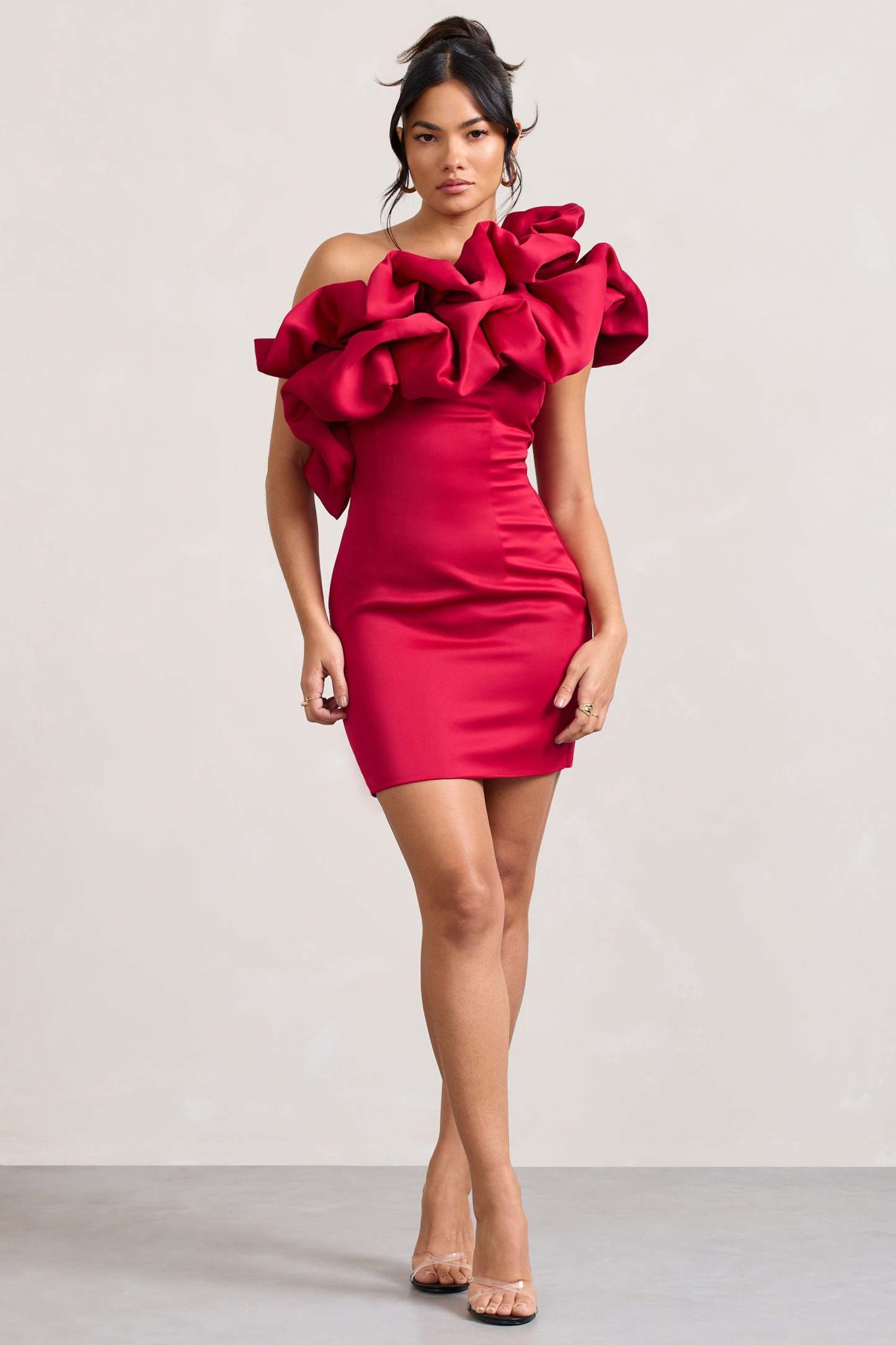At The Opera Red Satin One Shoulder Ruffled Mini Dress-Fashionmomo.All Rights Reserved