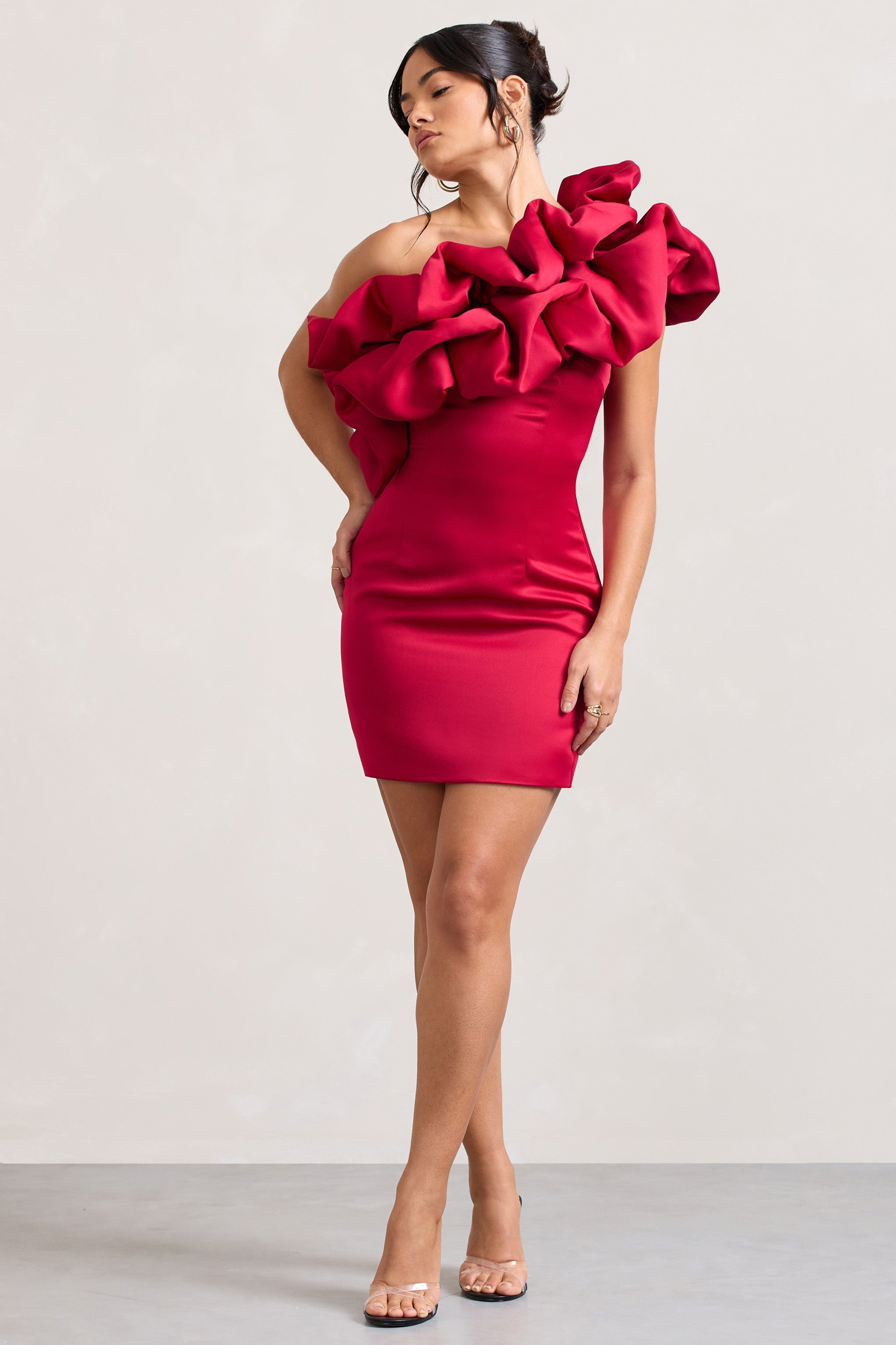 At The Opera Red Satin One Shoulder Ruffled Mini Dress-Fashionmomo.All Rights Reserved
