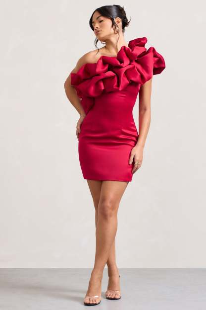 At The Opera Red Satin One Shoulder Ruffled Mini Dress-Fashionmomo.All Rights Reserved