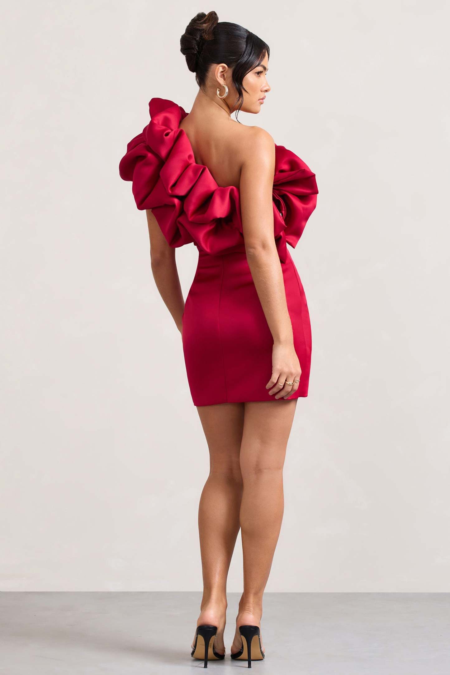 At The Opera Red Satin One Shoulder Ruffled Mini Dress-Fashionmomo.All Rights Reserved