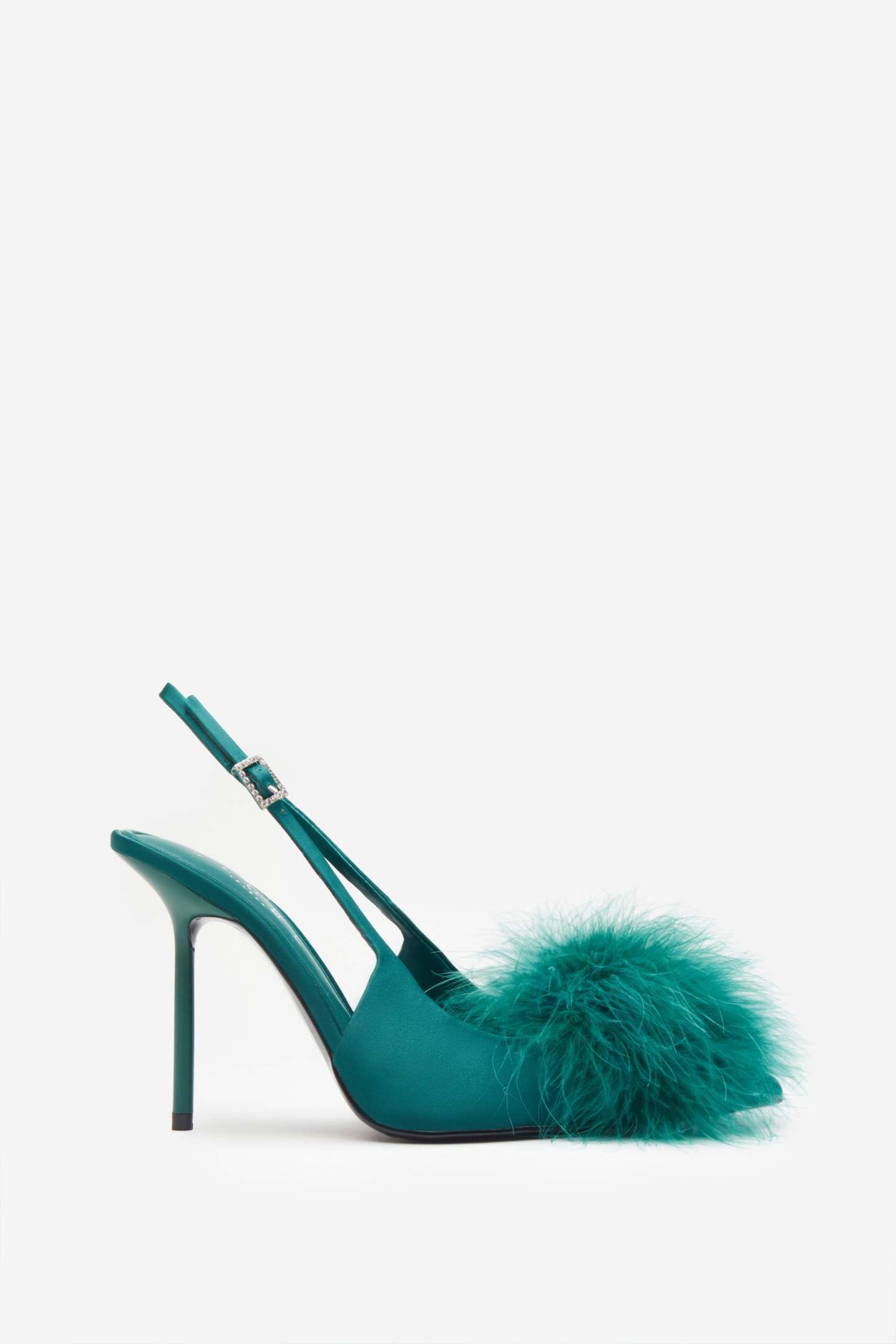 High Pitched Green Satin Sling Back Heels With Pom Poms-Fashionmomo.All Rights Reserved