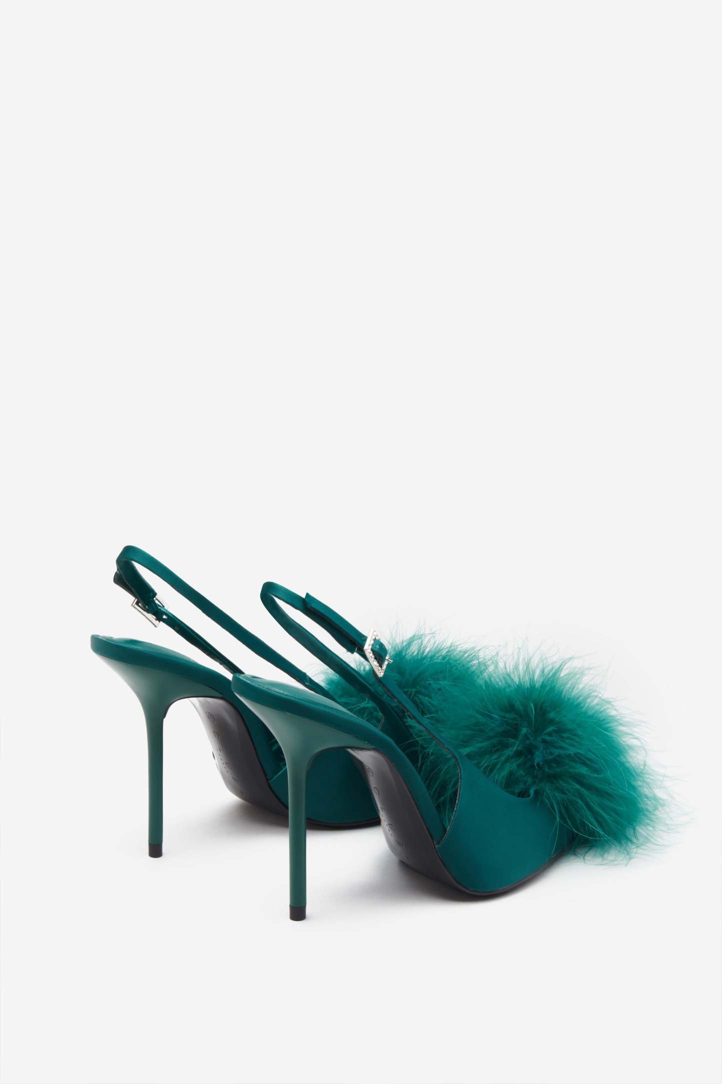 High Pitched Green Satin Sling Back Heels With Pom Poms-Fashionmomo.All Rights Reserved