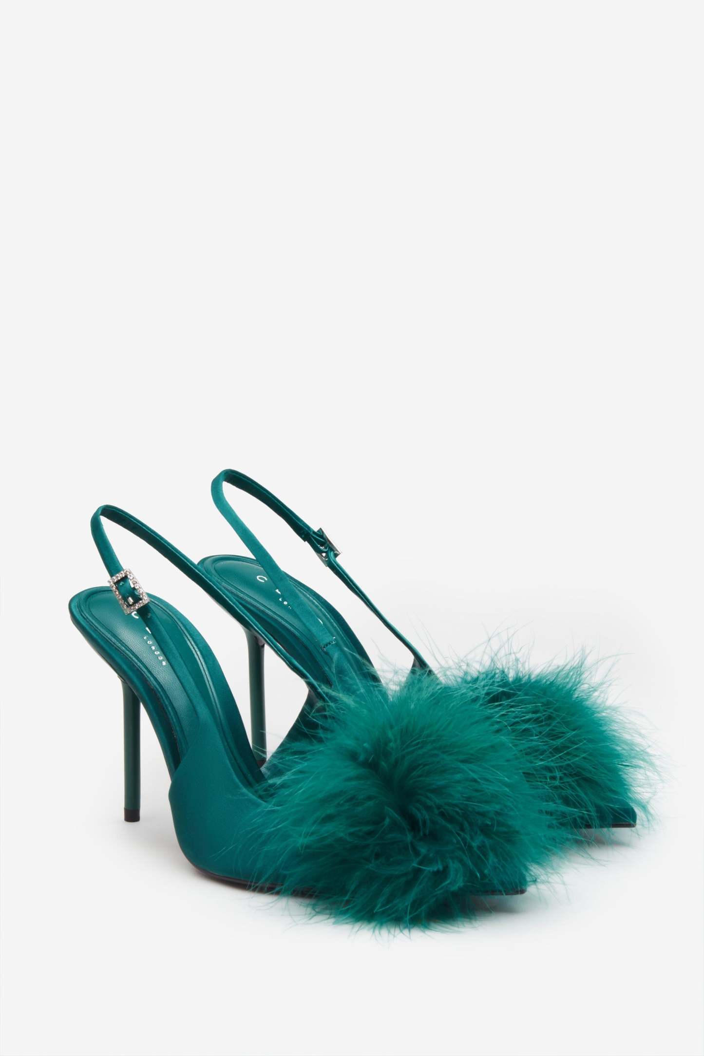 High Pitched Green Satin Sling Back Heels With Pom Poms-Fashionmomo.All Rights Reserved